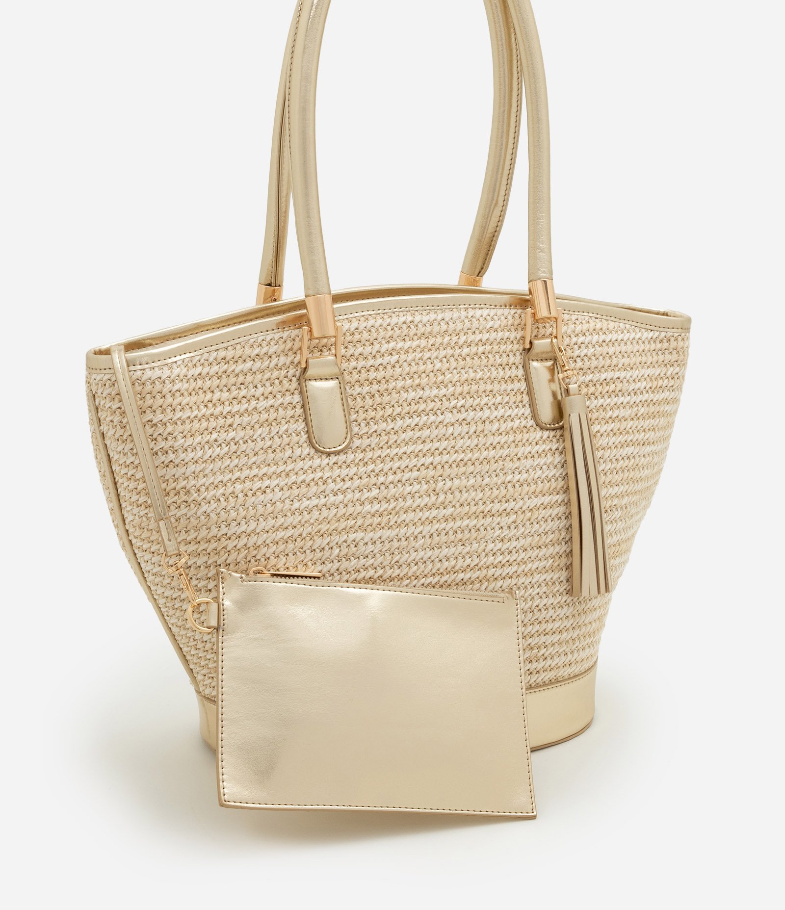 Bolsa Shopper em Rafia de Palha com Pouch Interno Removível Bege 1