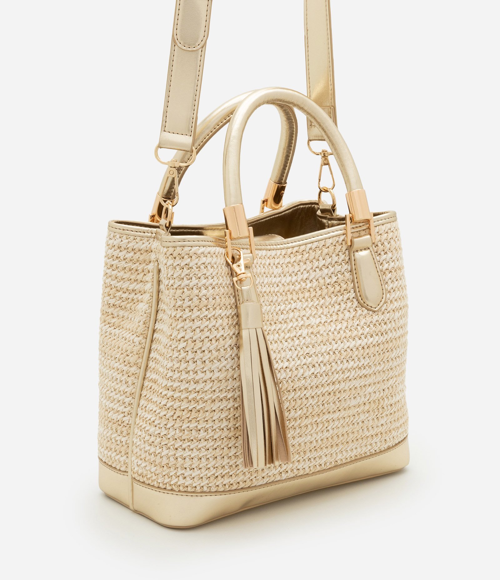 Bolsa Satchel Média Textura Palha com Tássel Boho Romântico Bege 1