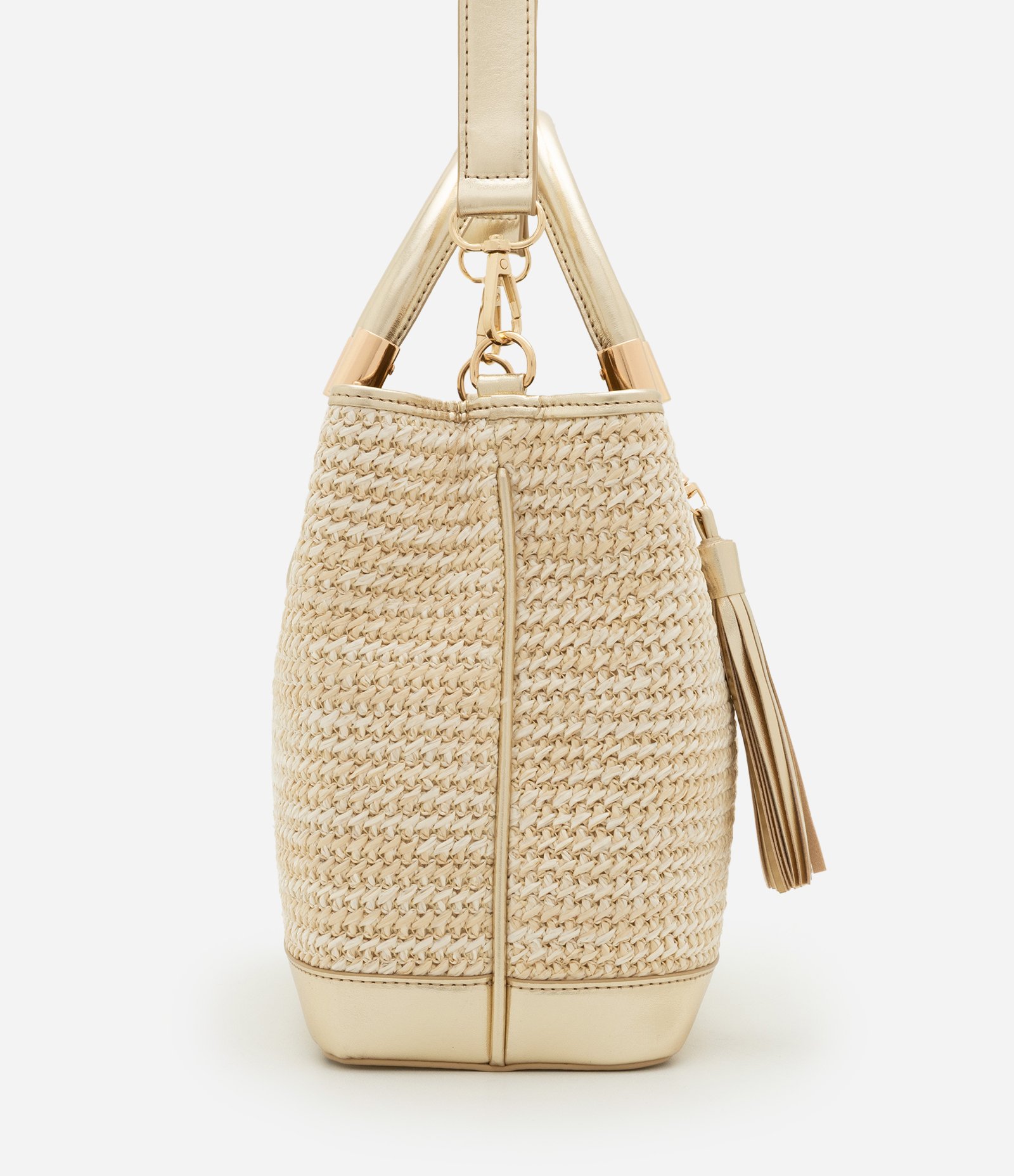 Bolsa Satchel Média Textura Palha com Tássel Boho Romântico Bege 2