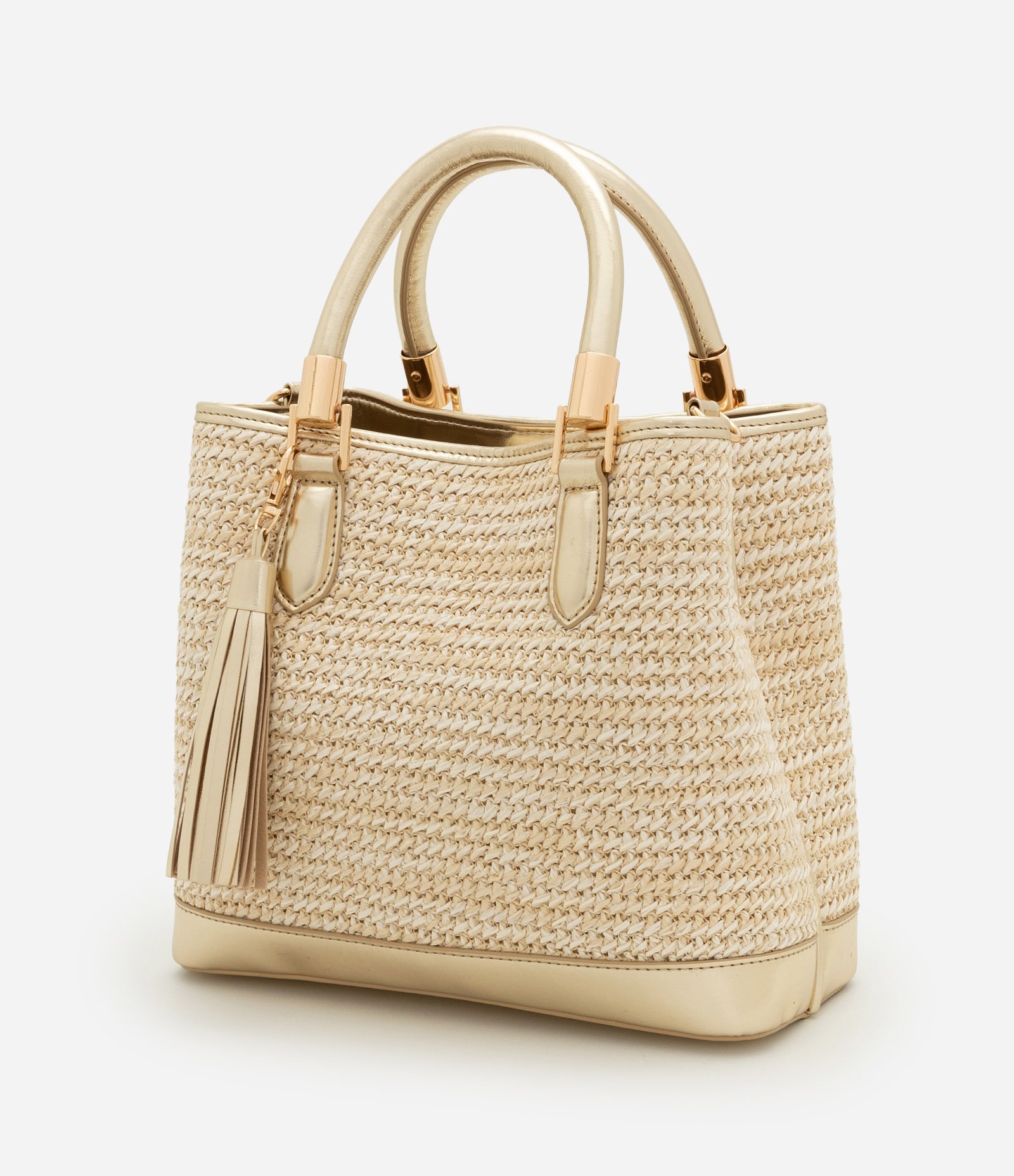 Bolsa Satchel Média Textura Palha com Tássel Boho Romântico Bege 4