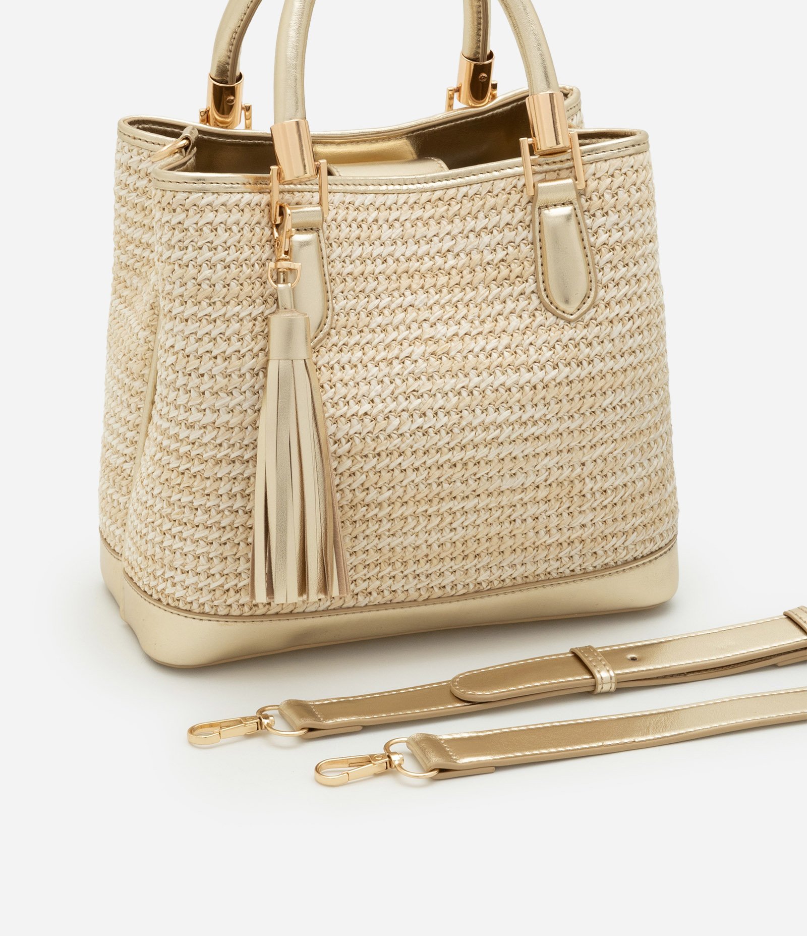 Bolsa Satchel Média Textura Palha com Tássel Boho Romântico Bege 5