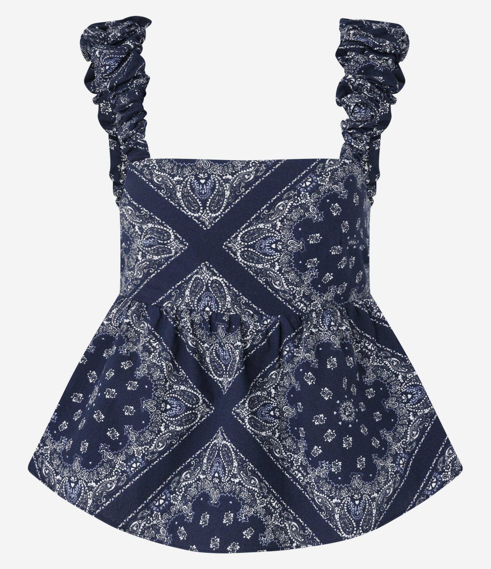 Blusa Peplum em Tricoline com Alça Bufante e Estampa Paisley Azul Marinho 6