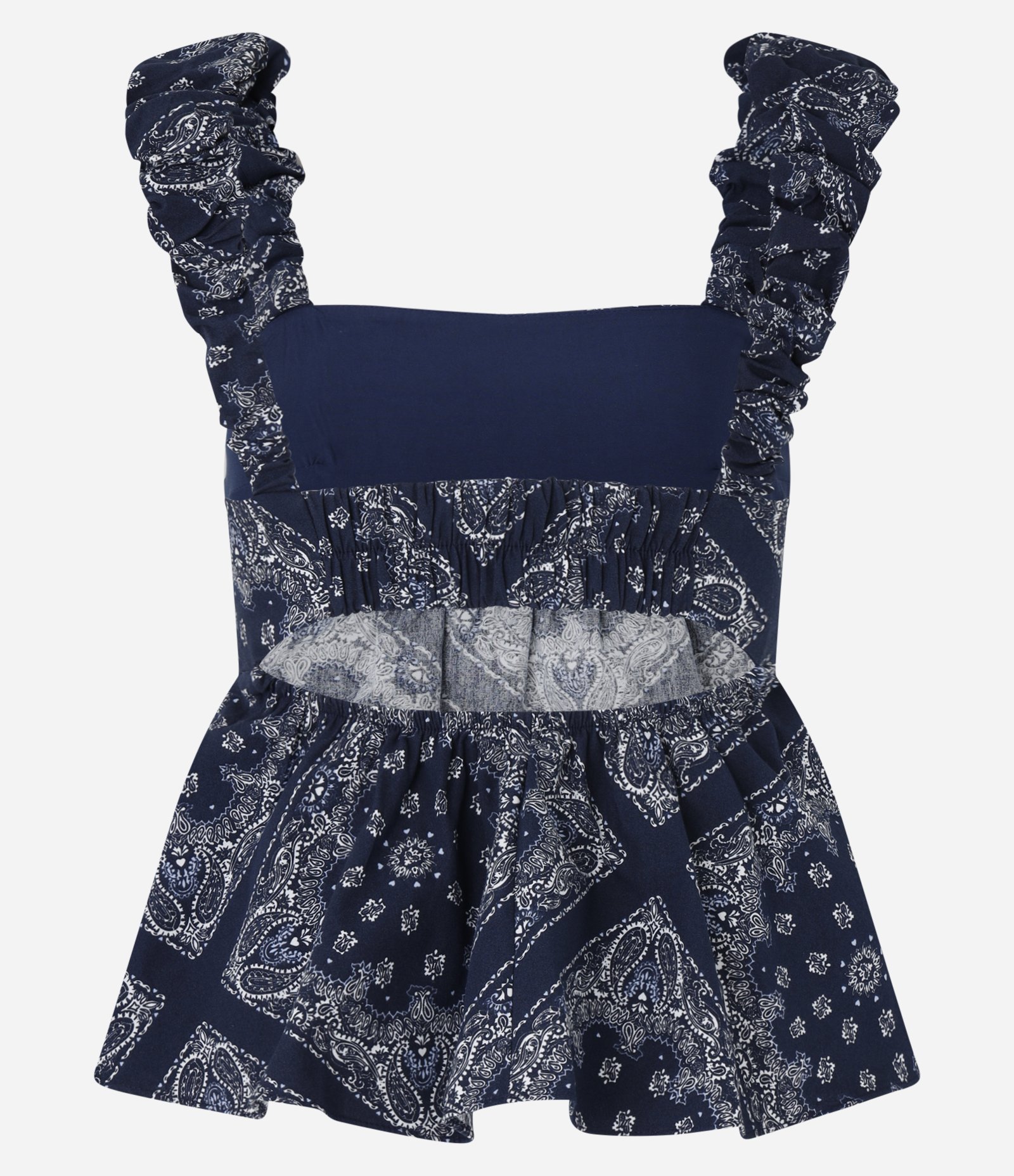 Blusa Peplum em Tricoline com Alça Bufante e Estampa Paisley Azul Marinho 7