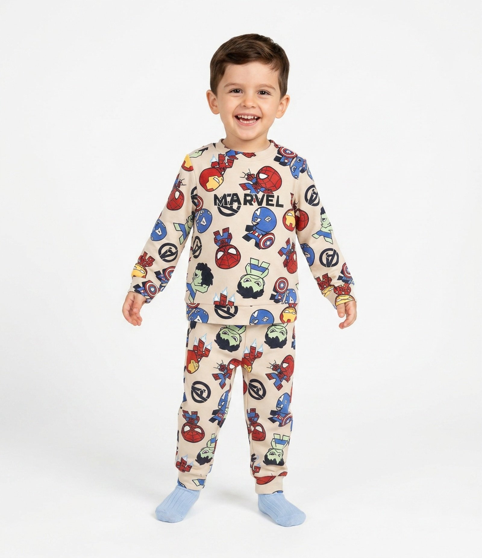 Pijama Infantil Longo em Plush com Estampa Baby Marvel - Tam 2 a 8 Anos Bege Claro 1