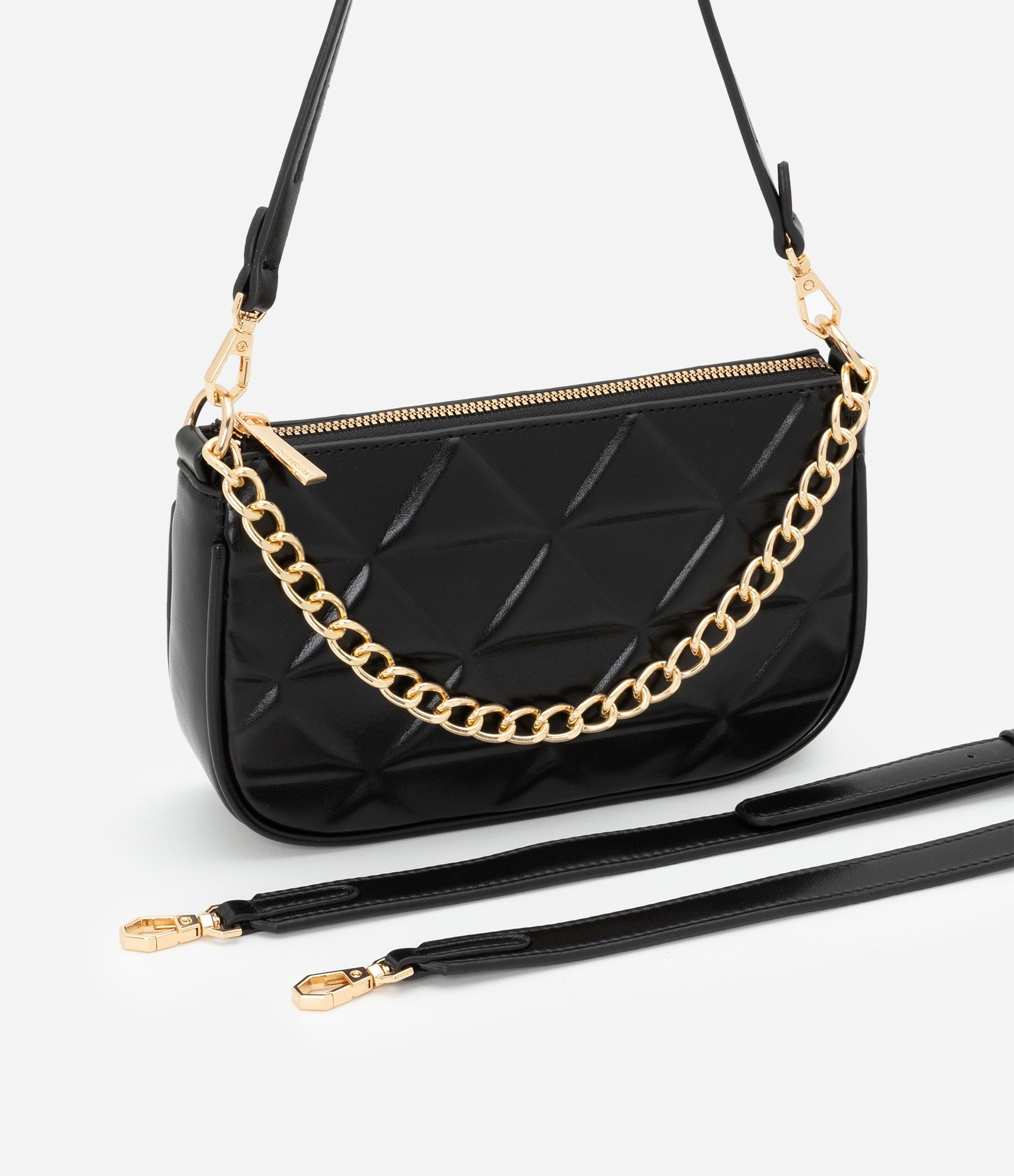 Bolsa Baguete Pequena em PU com Detalhe de Corrente Embossed Preto 7