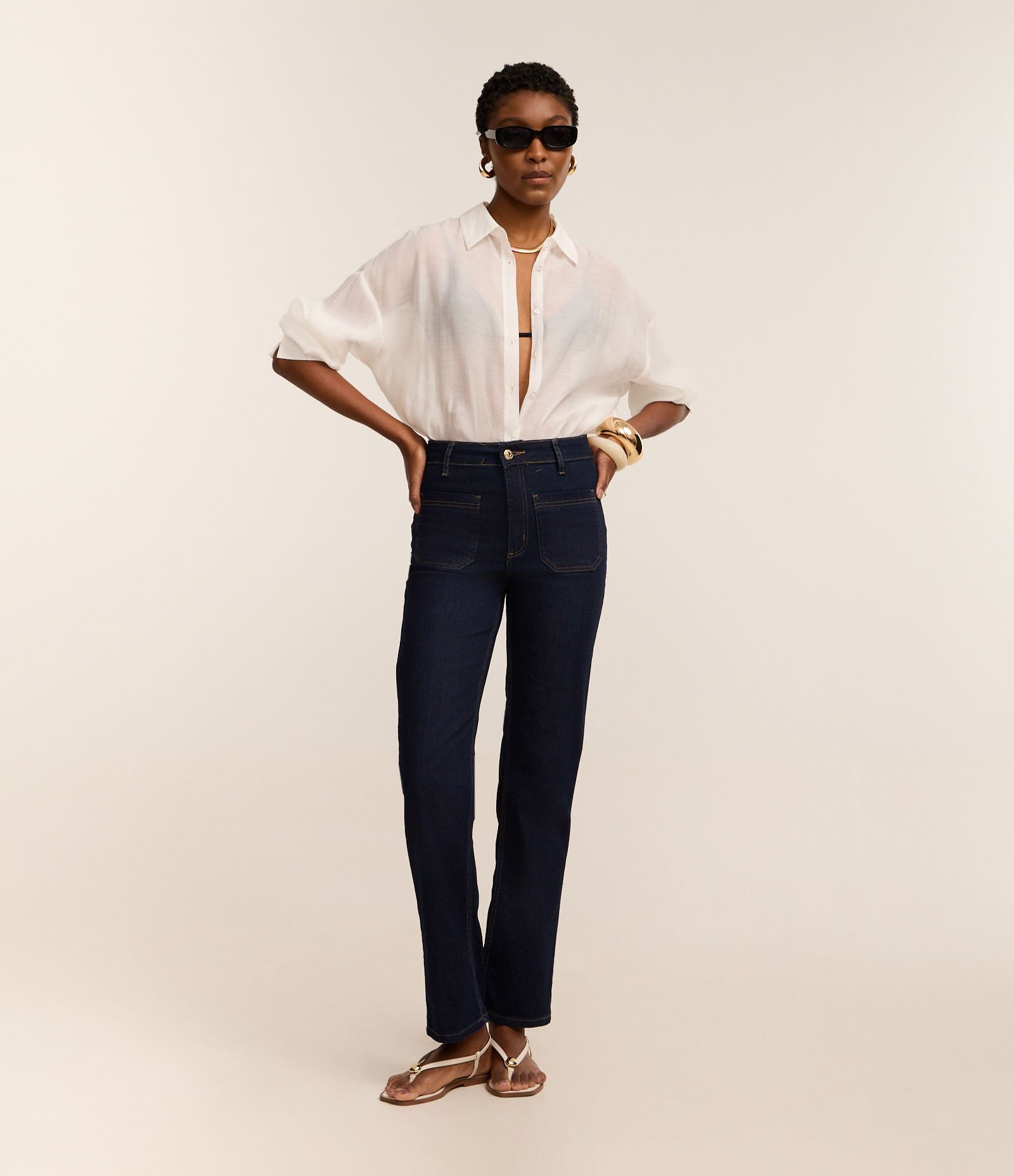 Calça Reta Cintura Média em Jeans Marinho 1