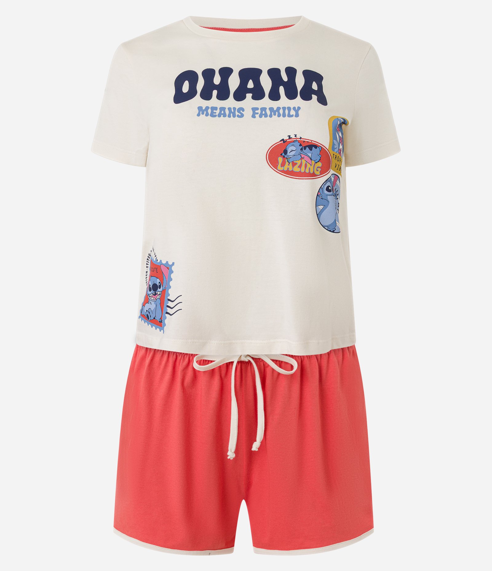 Pijama Short Doll em Algodão com Estampa Stitch Off White/Laranja 4