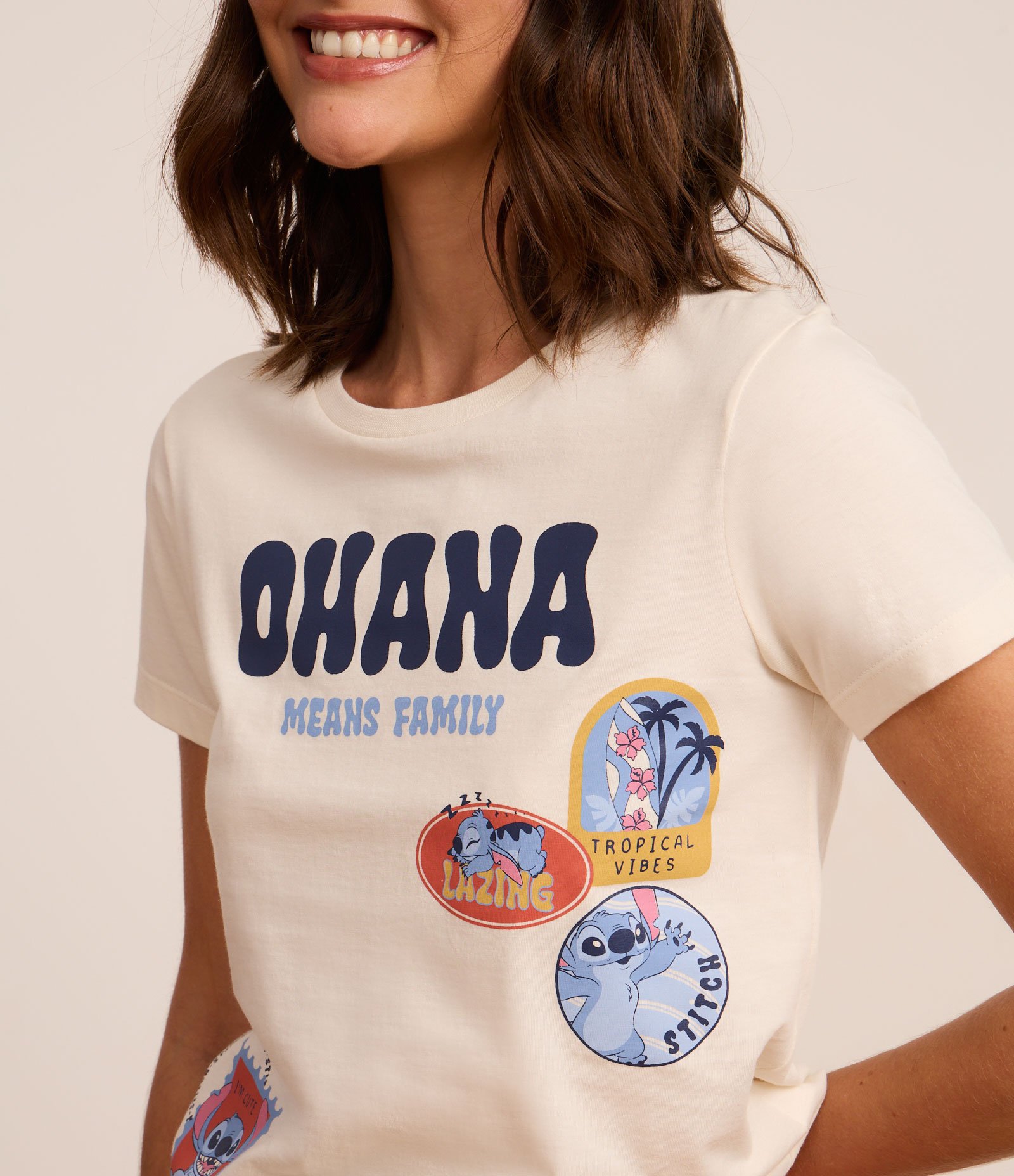 Pijama Short Doll em Algodão com Estampa Stitch Off White/Laranja 2