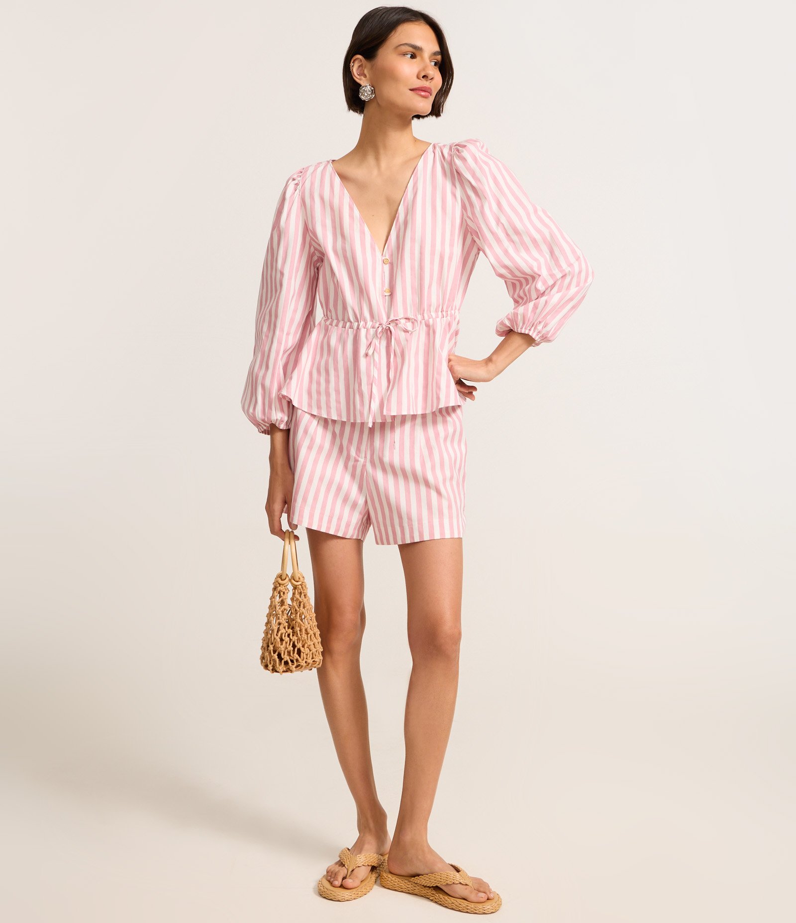 Blusa em Tricoline Listrada com Manga 3/4 Bufante Rosa 2