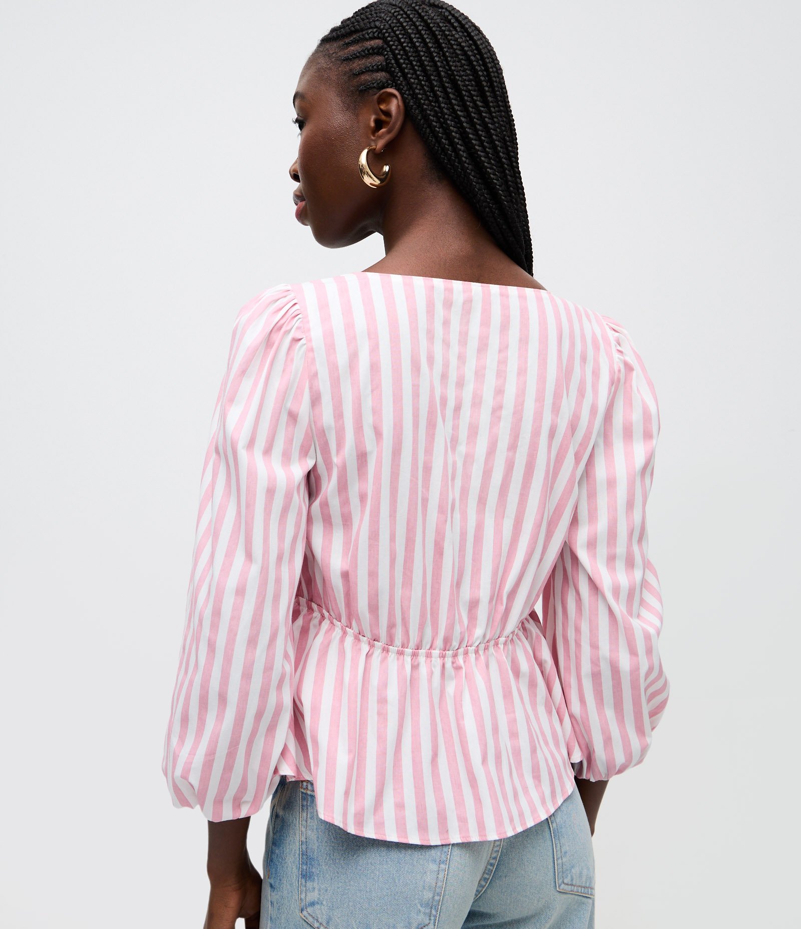 Blusa em Tricoline Listrada com Manga 3/4 Bufante Rosa 4