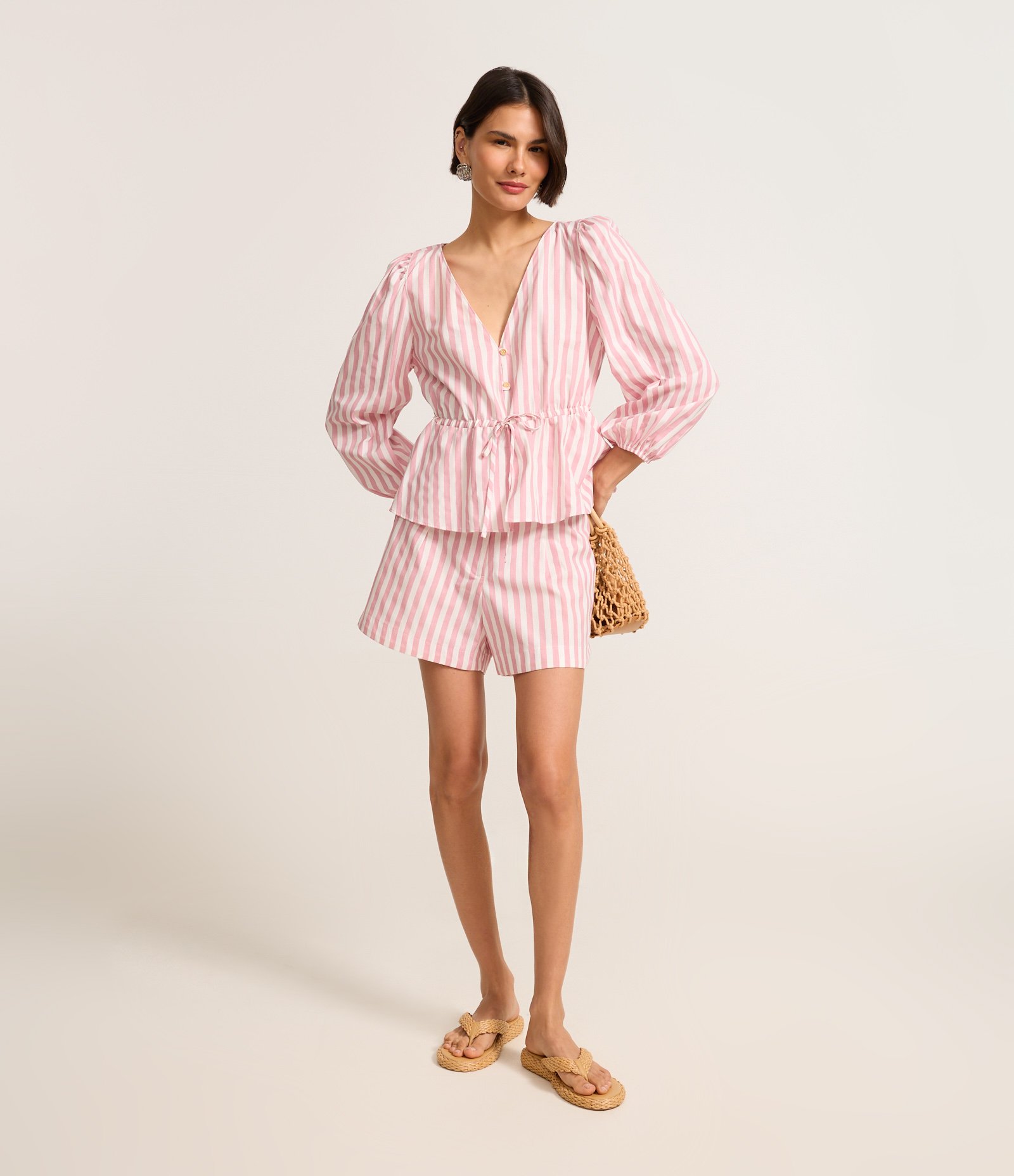 Short Runner em Tricoline Listrado com Elástico no Cós Rosa 1