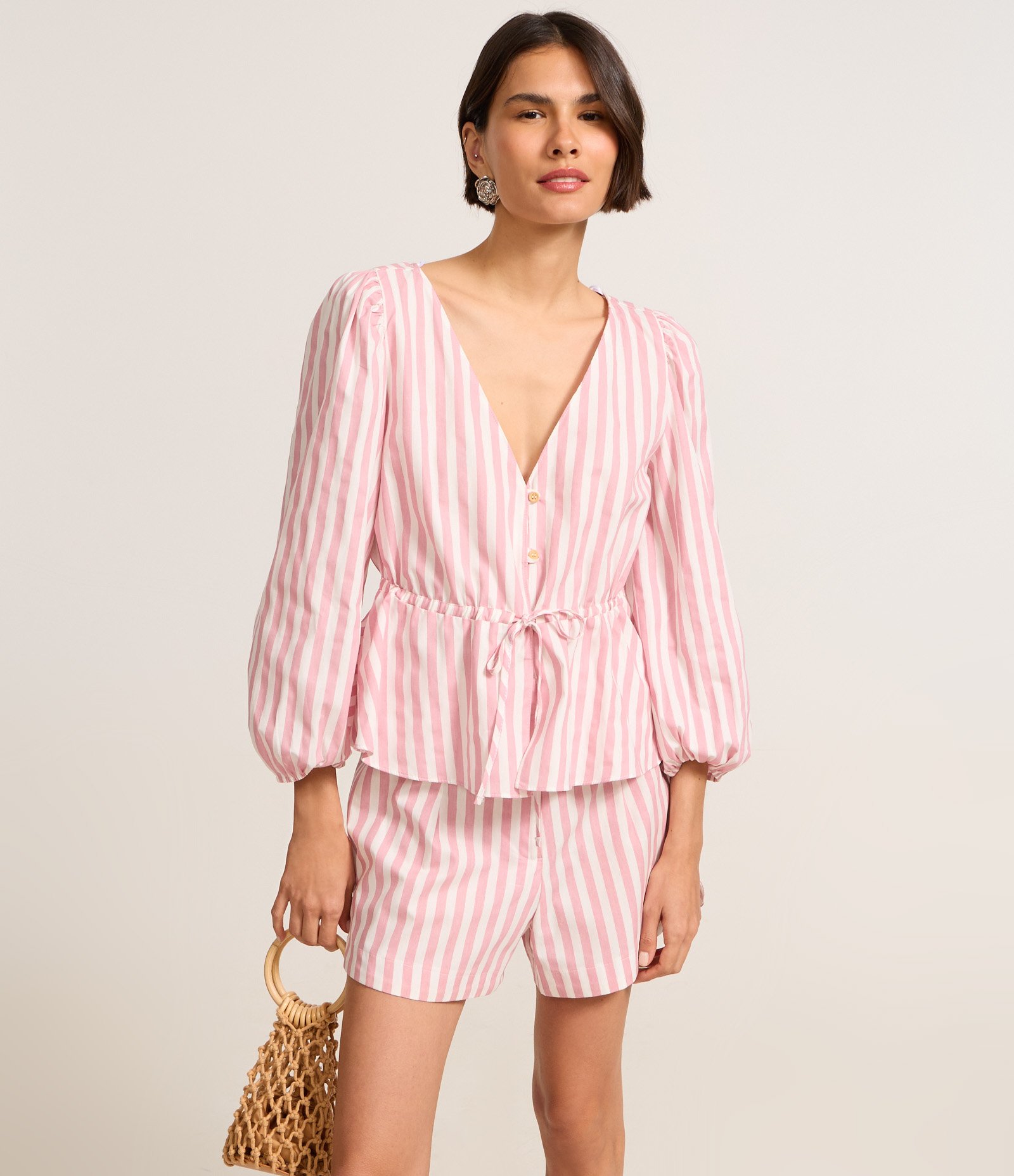 Short Runner em Tricoline Listrado com Elástico no Cós Rosa 2