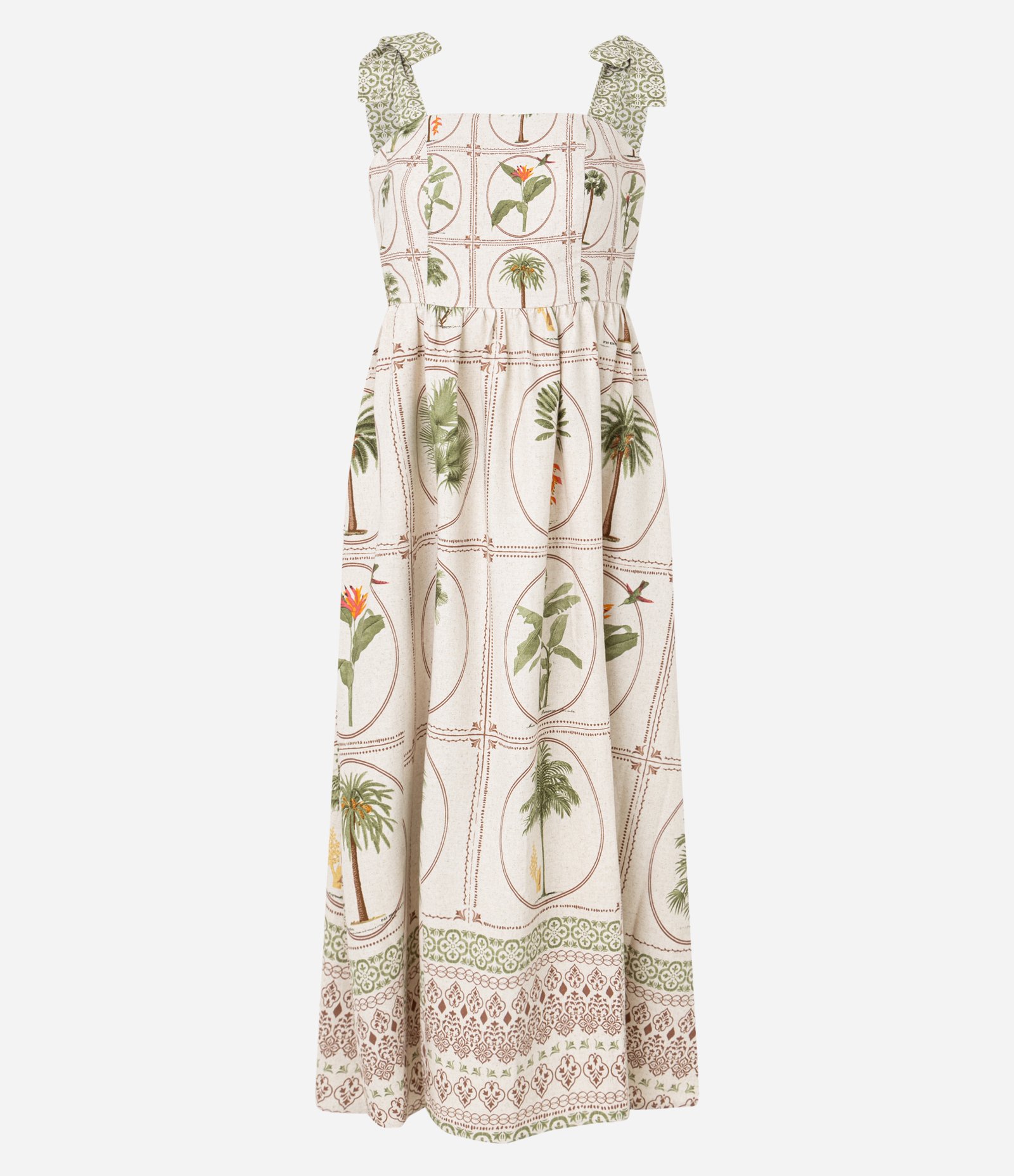 Vestido Evasê Midi em Visolinho com Estampa FLores e Folhagens Bege 1