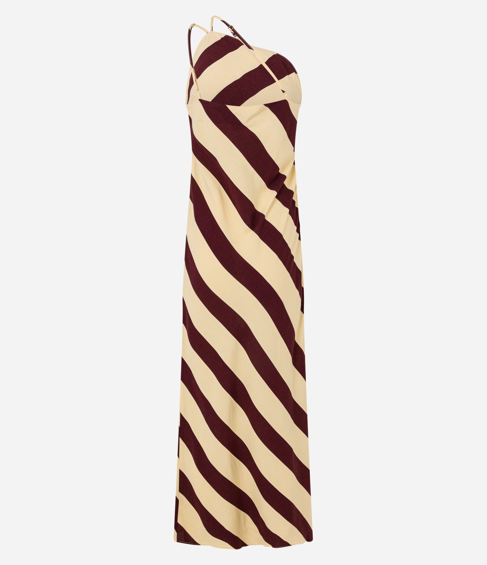 Vestido Evasê Midi em Viscolinho com Listras Diagonais Bicolor 7