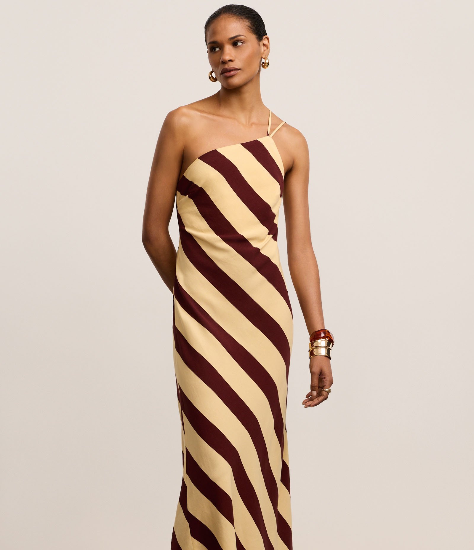 Vestido Evasê Midi em Viscolinho com Listras Diagonais Bicolor 1