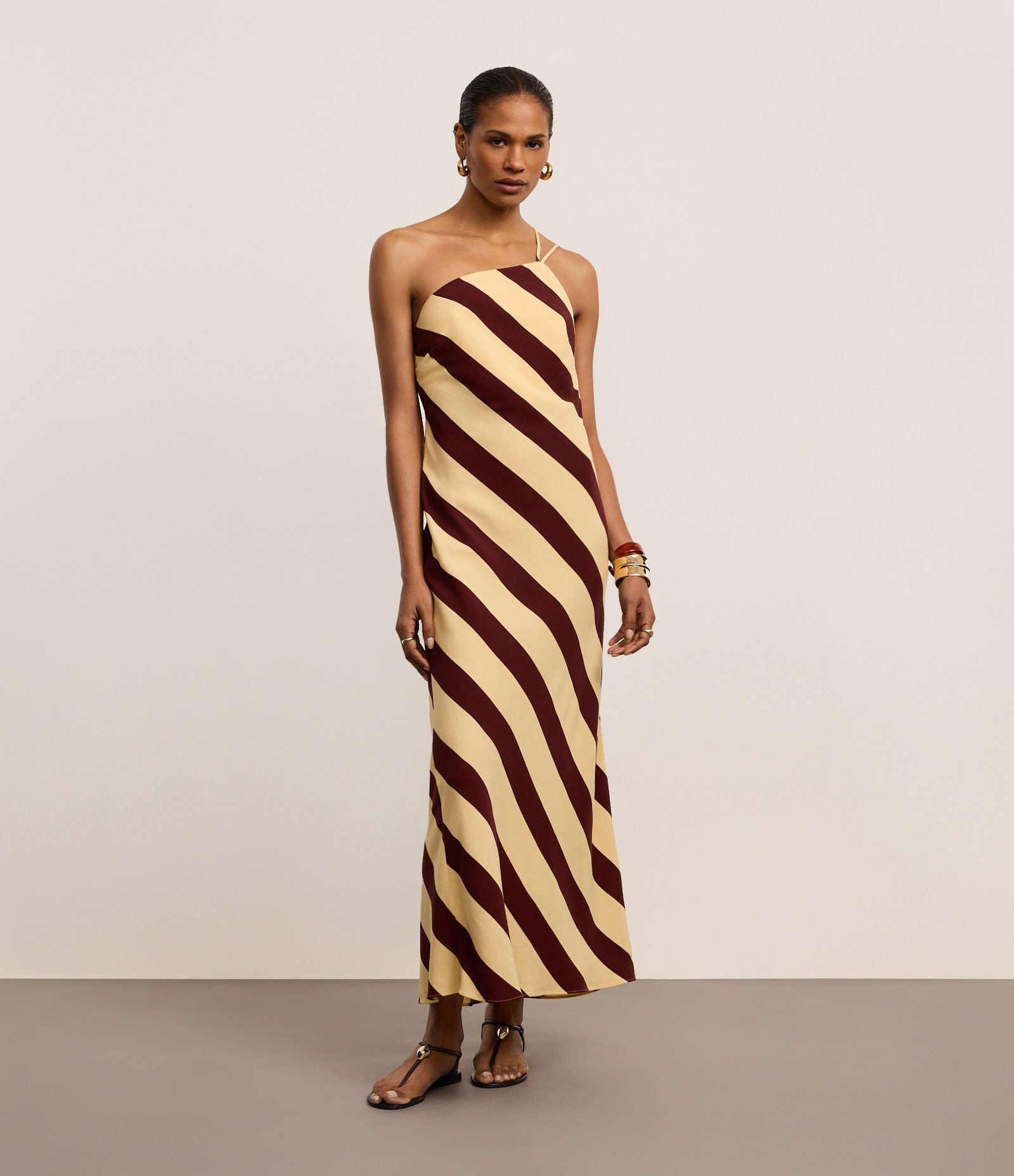 Vestido Evasê Midi em Viscolinho com Listras Diagonais Bicolor 2