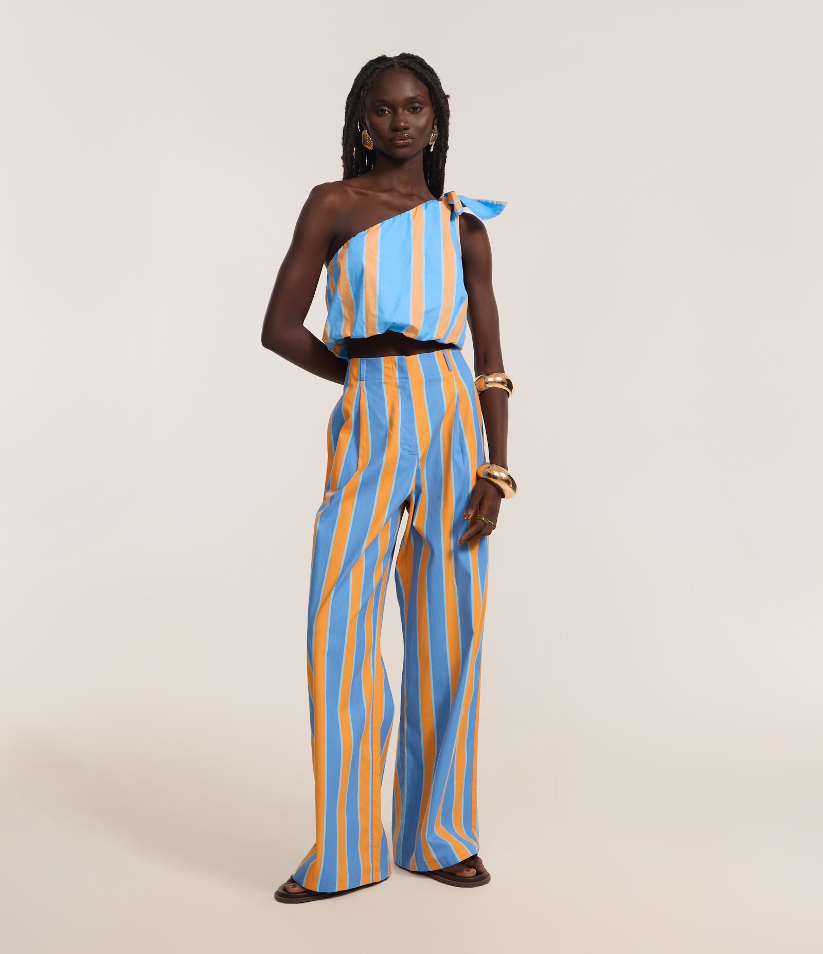 Calça Reta Cintura Alta em Tricoline com Listras Verticais Azul/Laranja 2