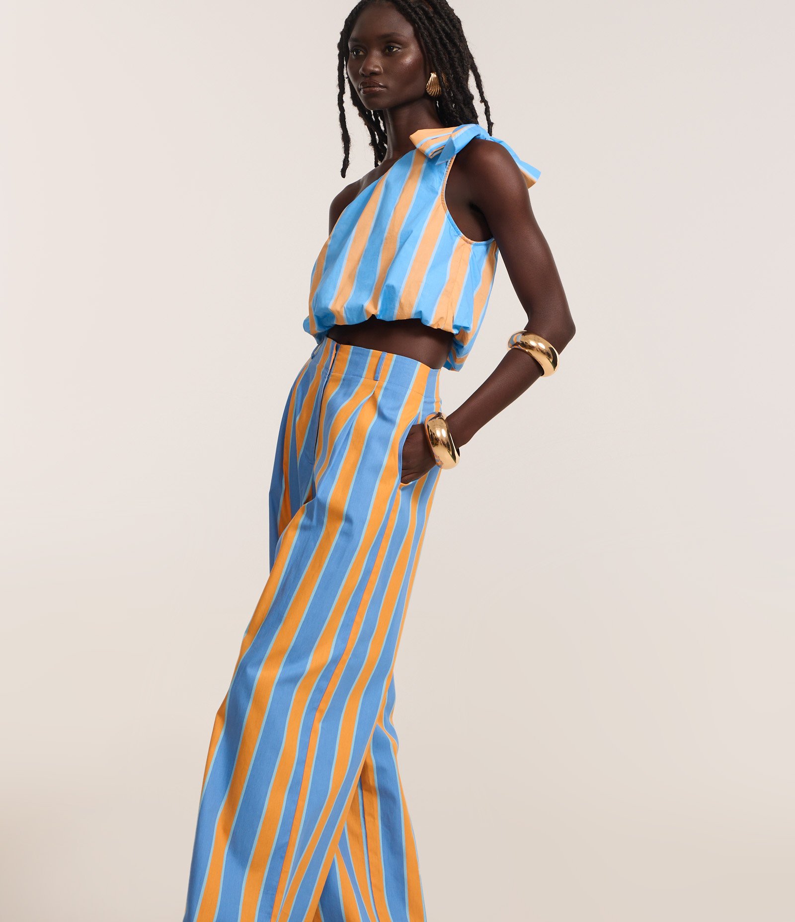 Calça Reta Cintura Alta em Tricoline com Listras Verticais Azul/Laranja 3