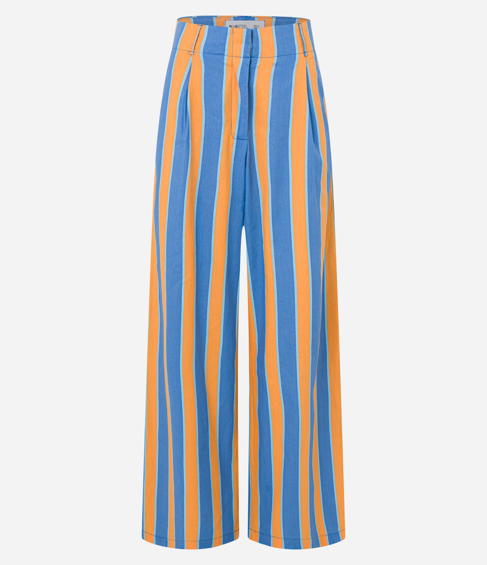 Calça Reta Cintura Alta em Tricoline com Listras Verticais Azul/Laranja 7