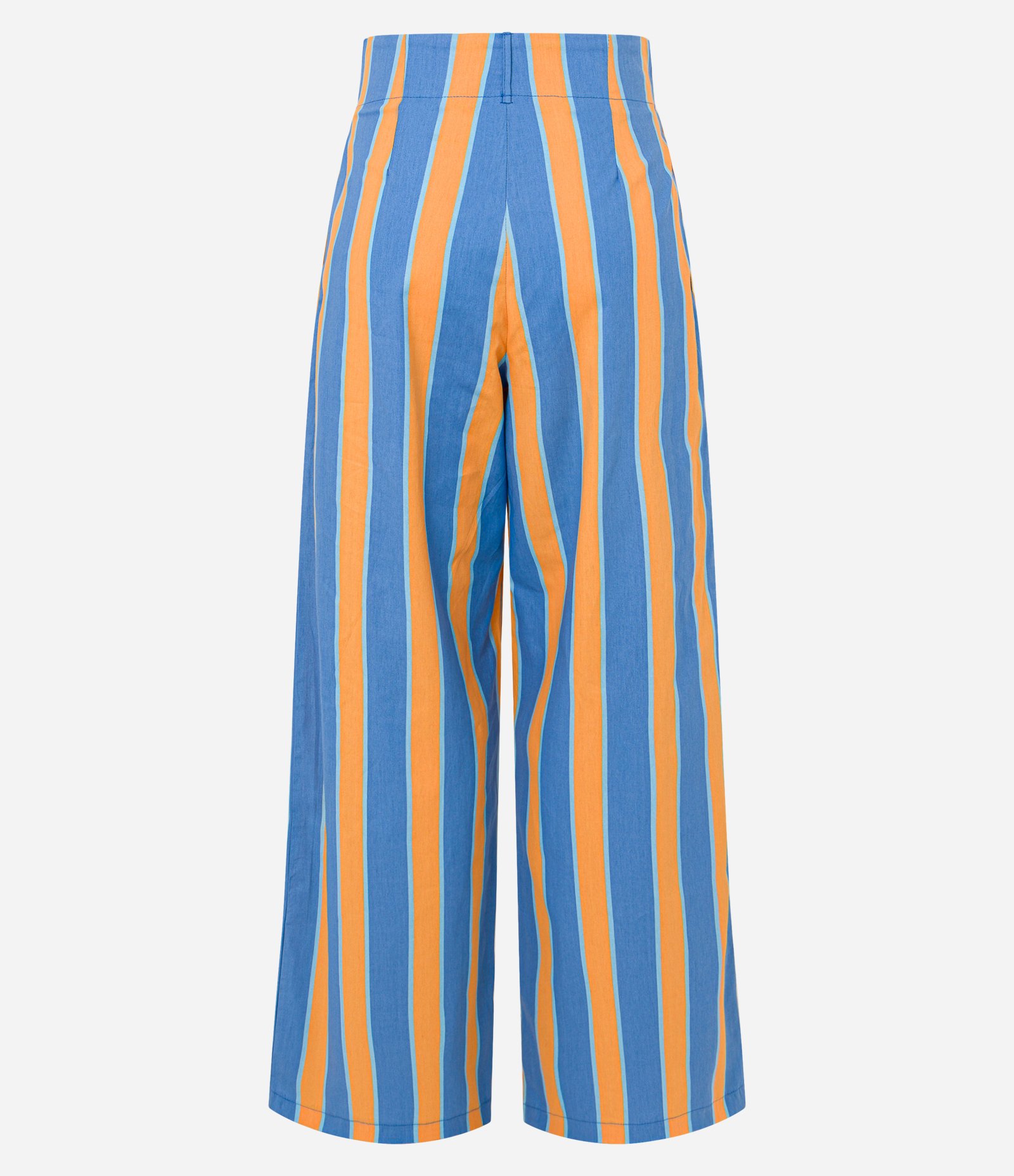 Calça Reta Cintura Alta em Tricoline com Listras Verticais Azul/Laranja 8