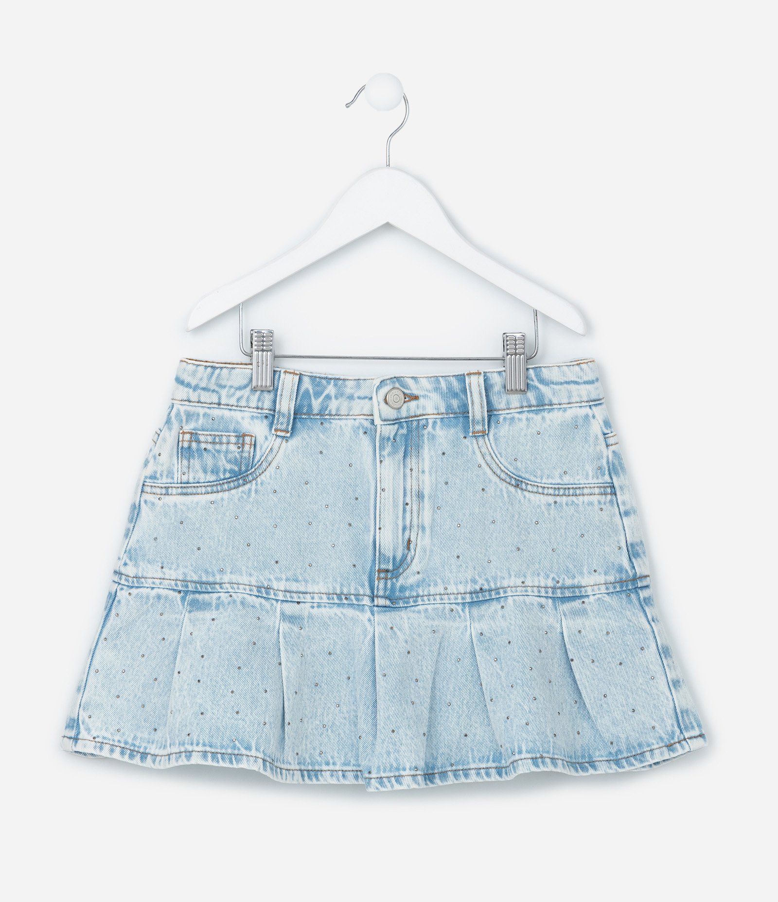 Saia Infantil Jeans com Pregas e Brilhinhos - Tam 5 a 14 Anos Azul 2