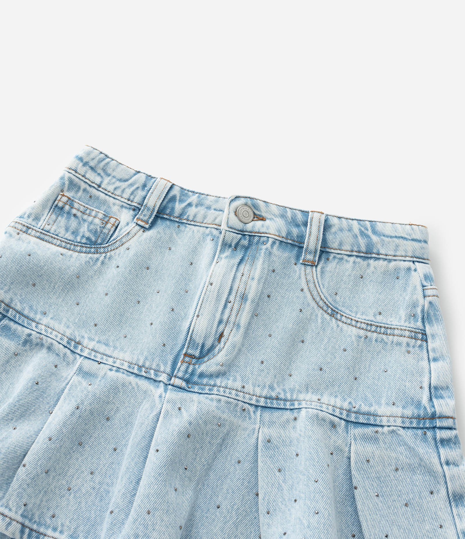 Saia Infantil Jeans com Pregas e Brilhinhos - Tam 5 a 14 Anos Azul 6