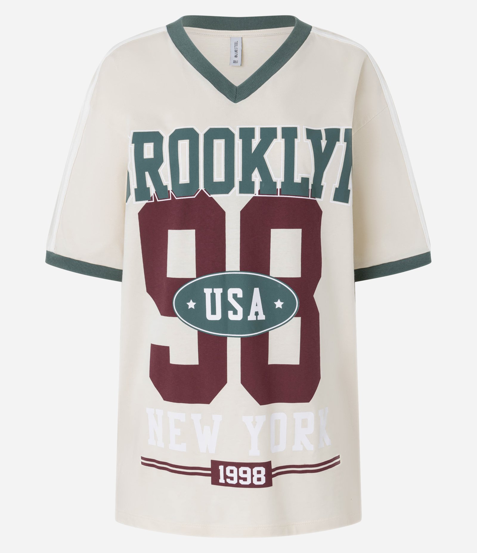 Camiseta Over em Algodão com Decote V e Estampa Lettering Brooklyn Bege 3