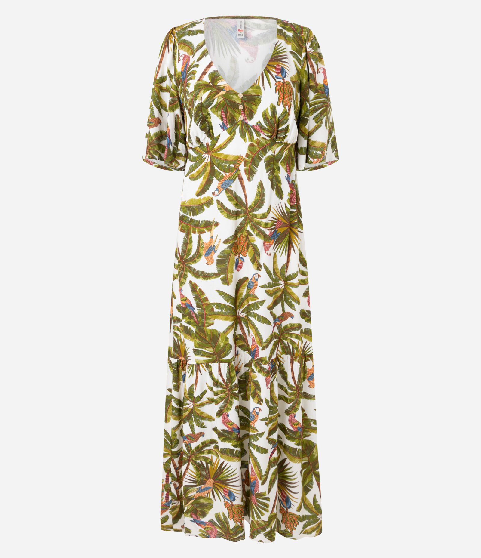 Vestido Longo em Chalis com Estampa Tropical e Botões Verde 4