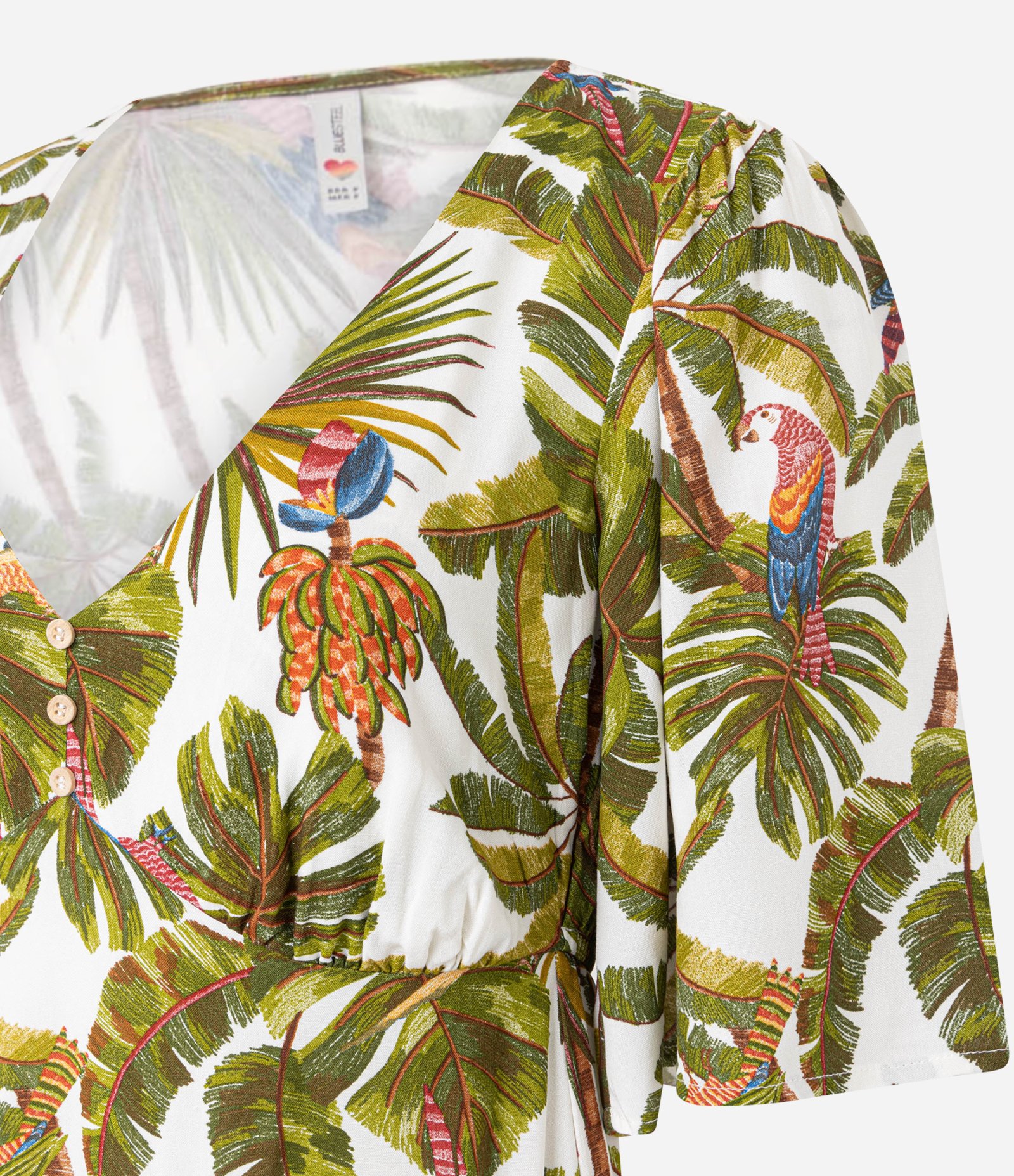 Vestido Longo em Chalis com Estampa Tropical e Botões Verde 5