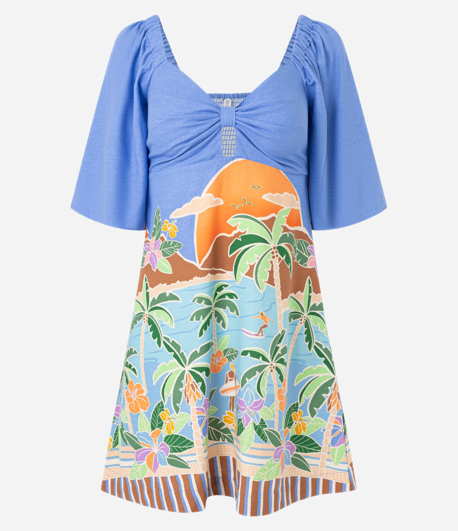Vestido Evasê em Viscolinho com Amarração no Busto e Estampa Tropical Azul 1