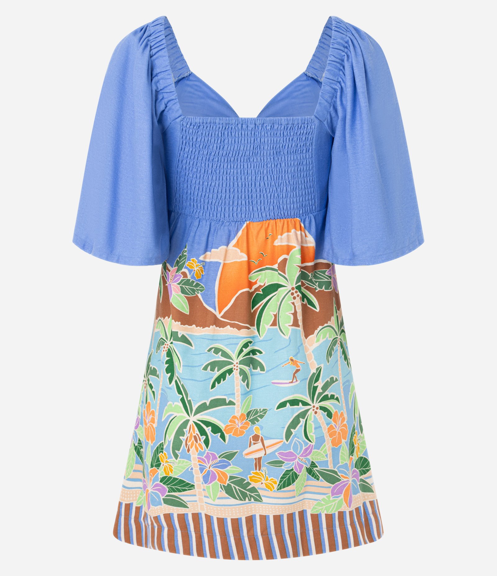 Vestido Evasê em Viscolinho com Amarração no Busto e Estampa Tropical Azul 3