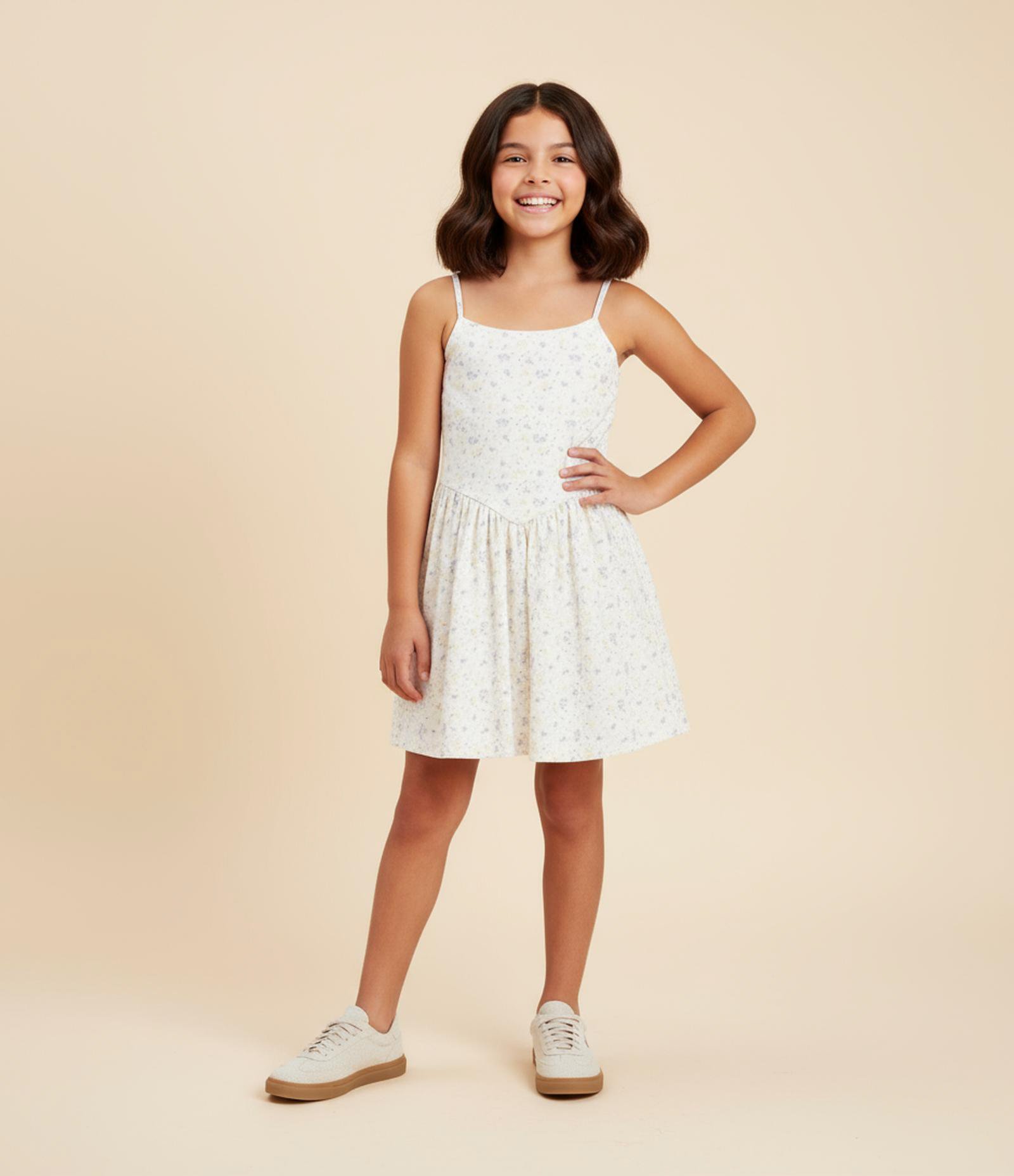 Vestido Regular Infantil com Estampa Floral - Tam 5 a 14 Anos Bege 1