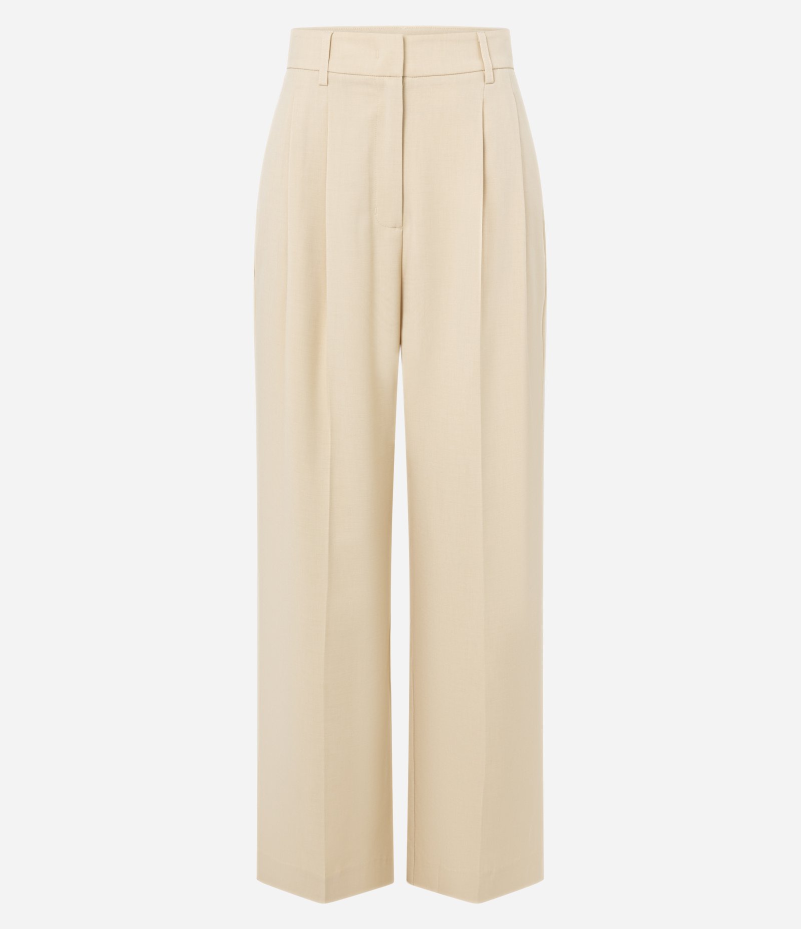 Calça Wide Leg Alfaiatada em Crepe com Pregas e Frisos Bege 1