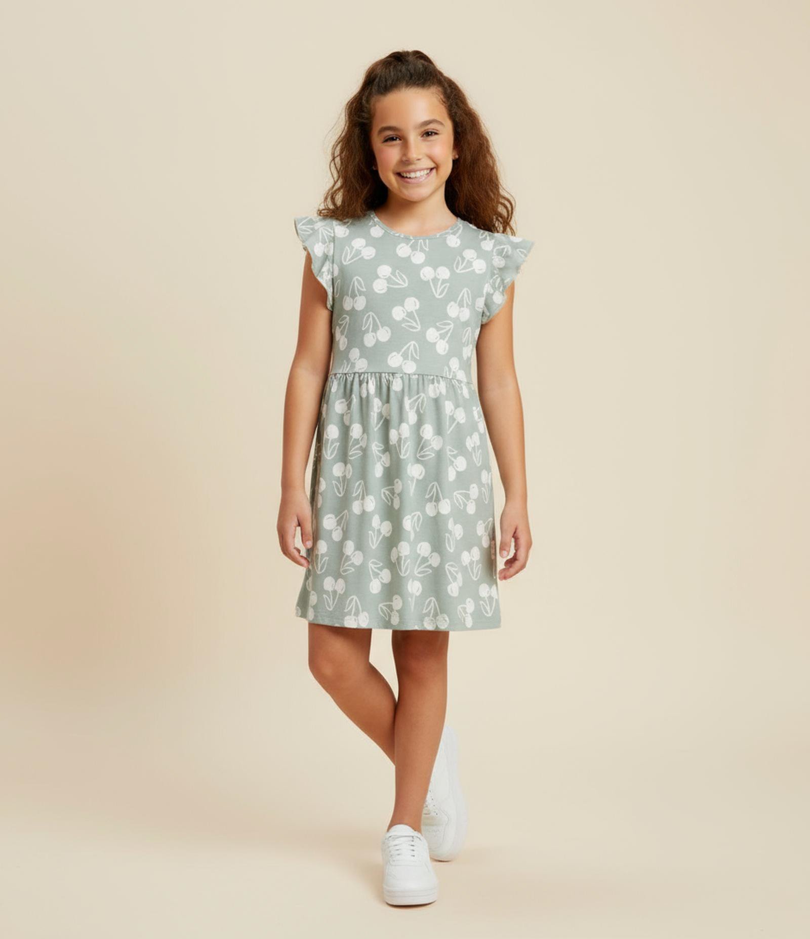 Vestido Infantil com Estampa Cerejas - Tam 5 a 14 Anos Verde 1