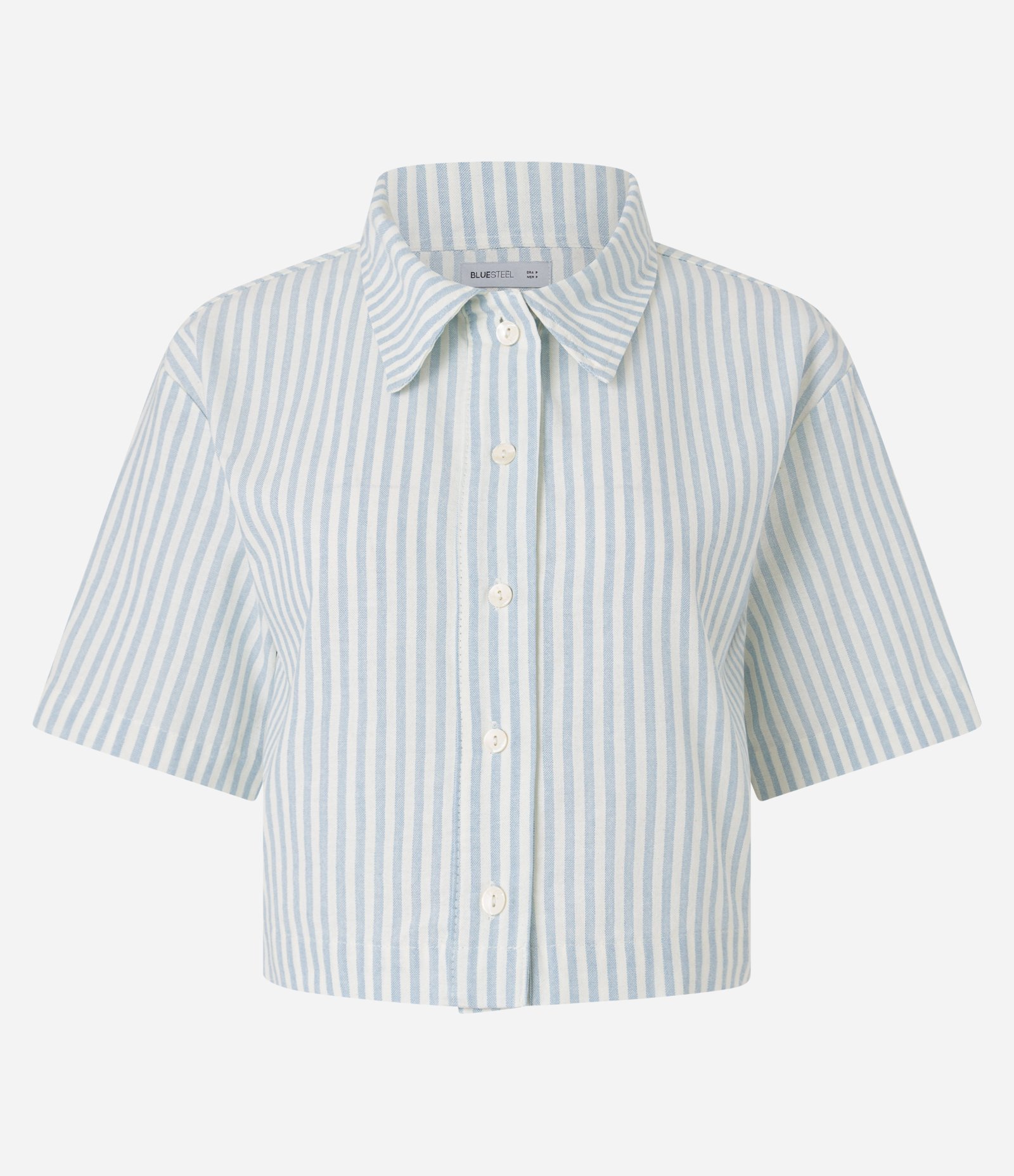 Camisa Cropped Listrada em Sarja Azul 1