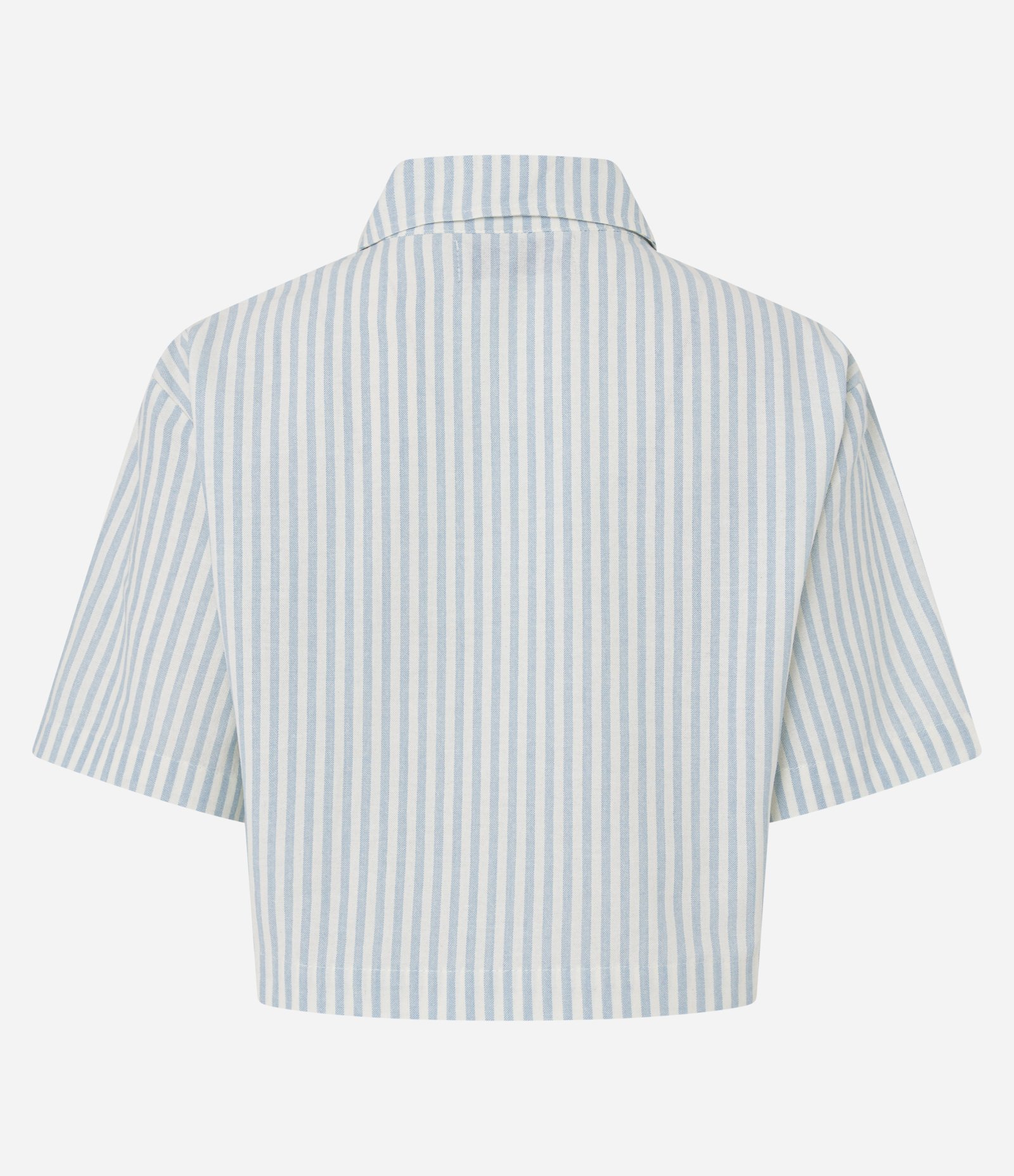 Camisa Cropped Listrada em Sarja Azul 3
