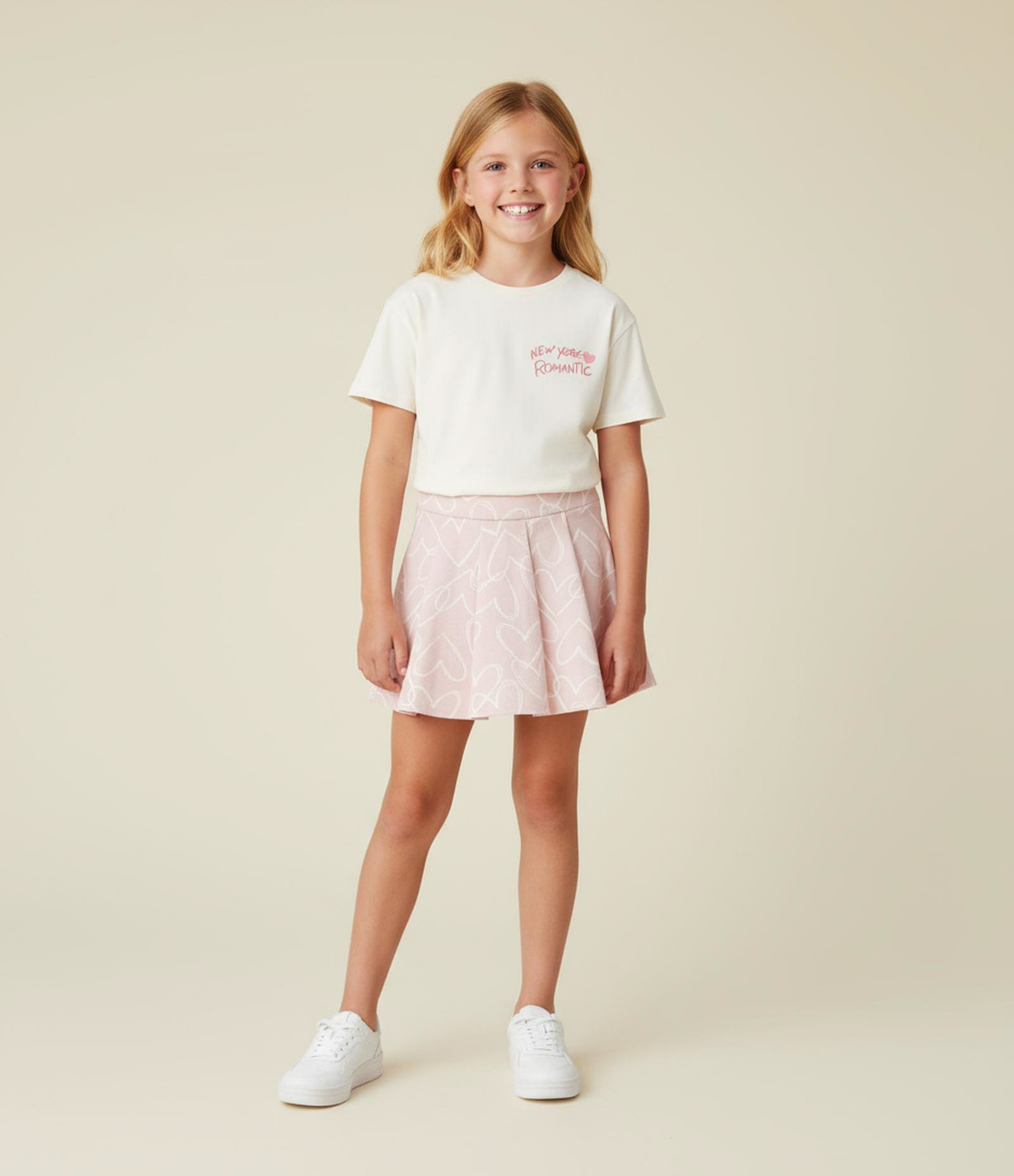 Short Saia Infantil com Estampa de Coração e Pregas - Tam 5 a 14 Anos Rosa 1