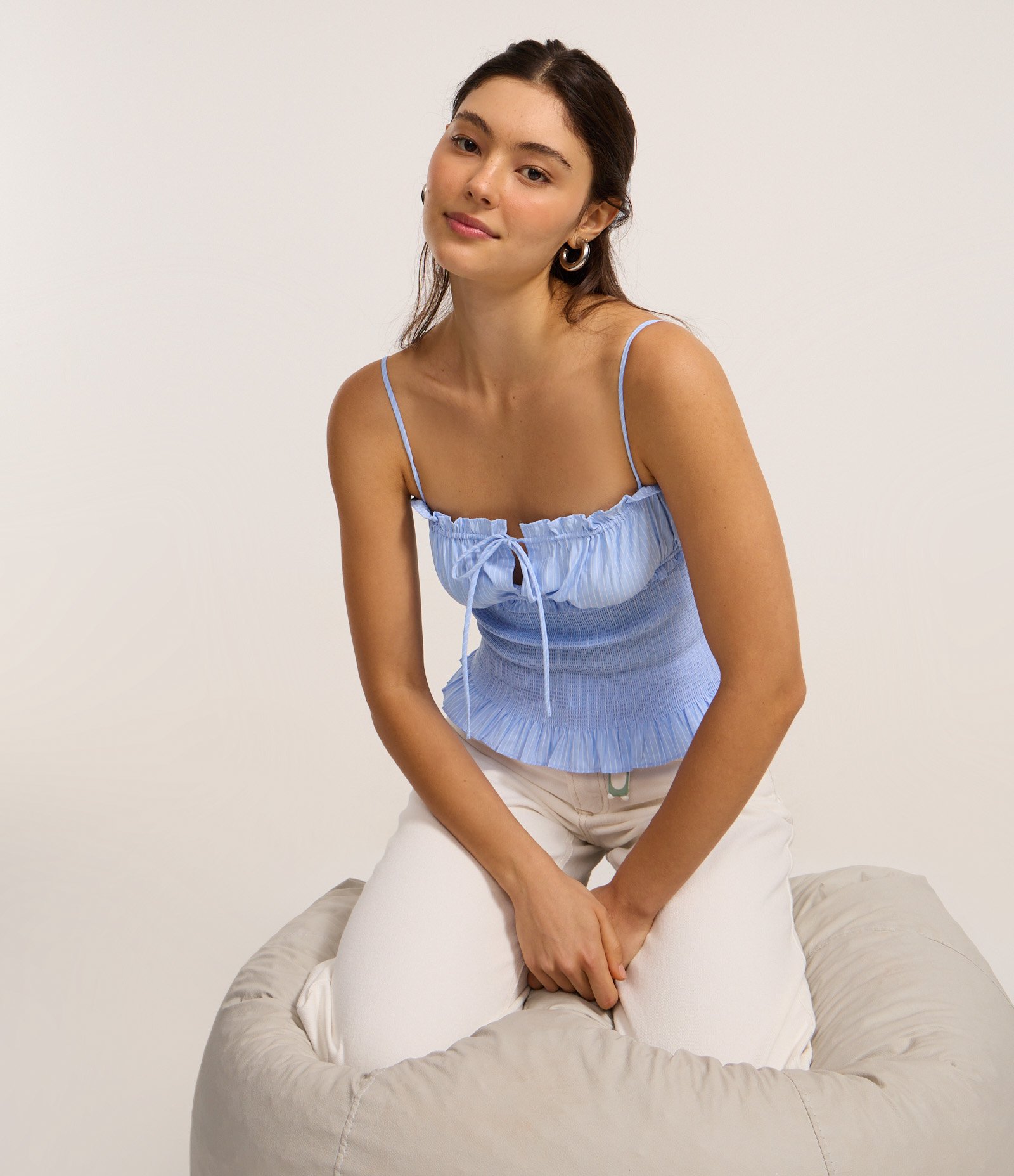 Blusa de Alça em Laise com Franzidos e Lastex Azul 1