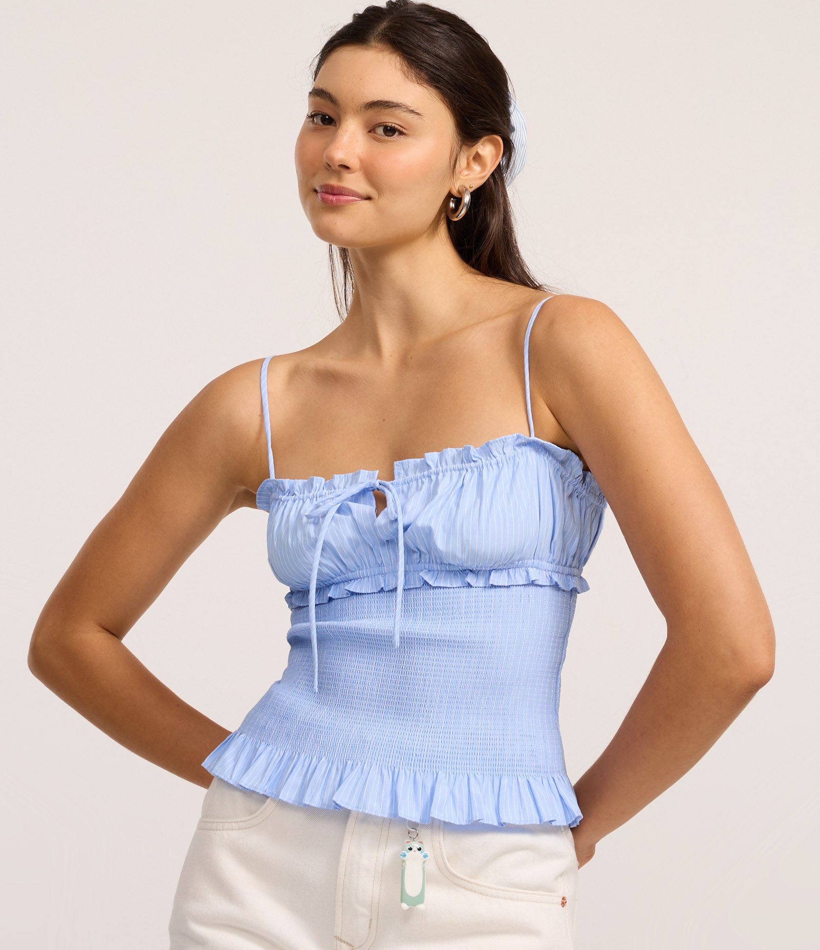 Blusa de Alça em Laise com Franzidos e Lastex Azul 3