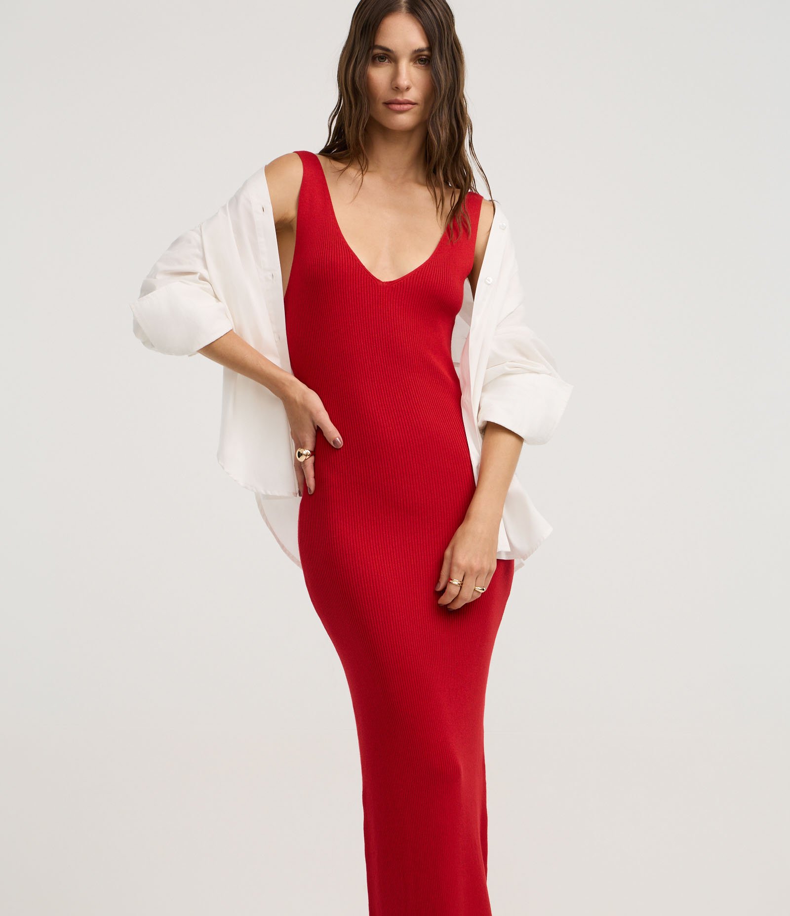 Vestido Midi em Tricô Texturizado com Decote V Vermelho 1