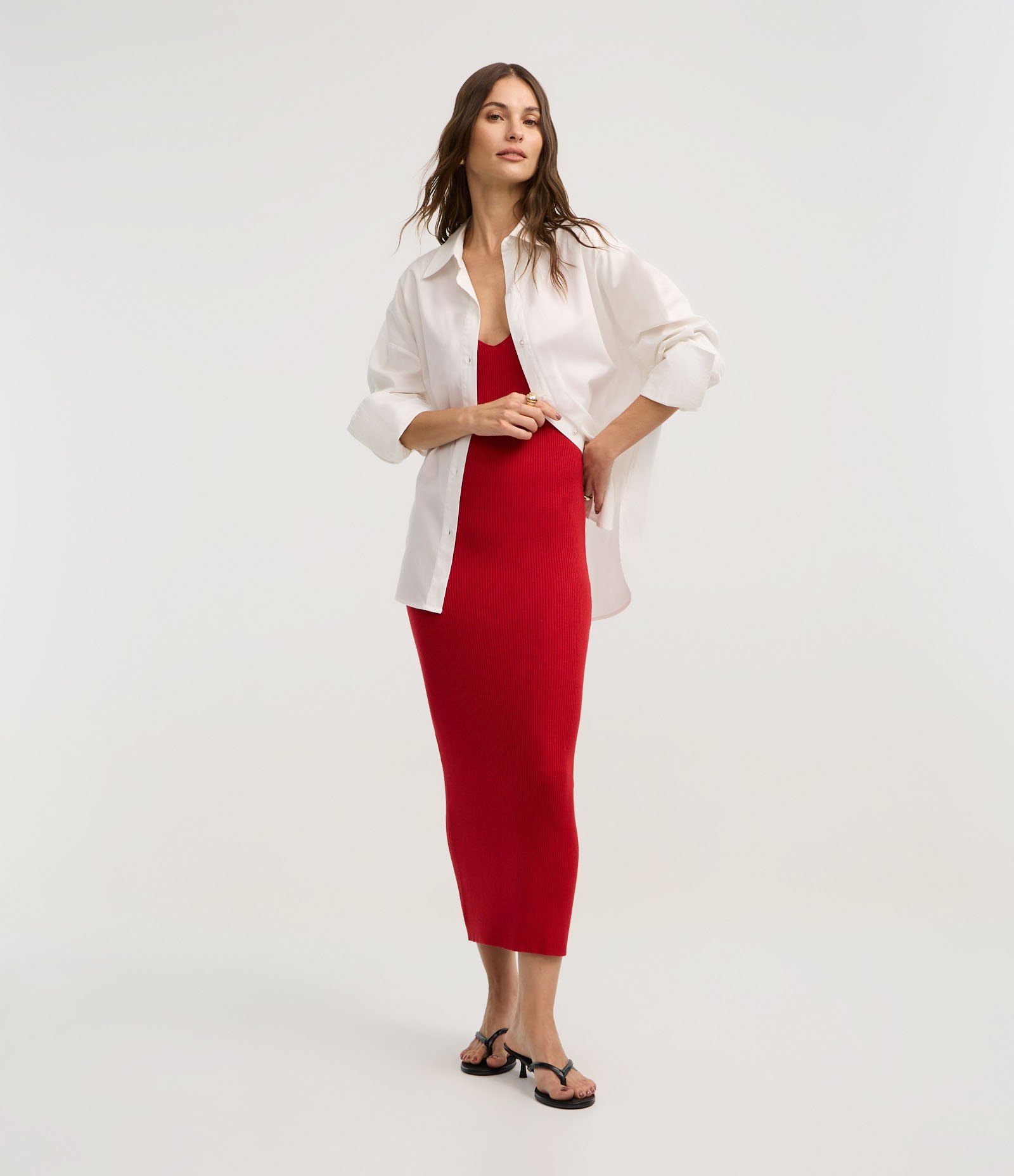 Vestido Midi em Tricô Texturizado com Decote V Vermelho 2