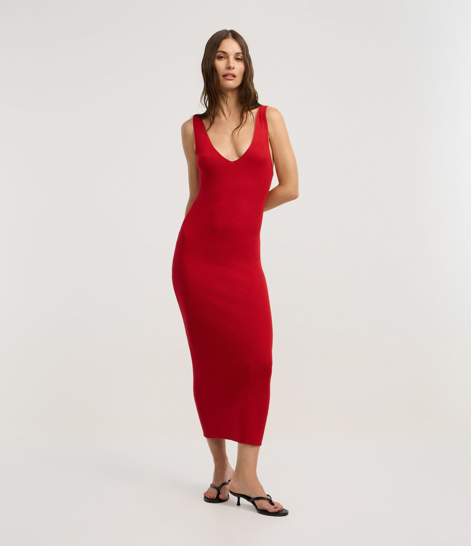 Vestido Midi em Tricô Texturizado com Decote V Vermelho 4
