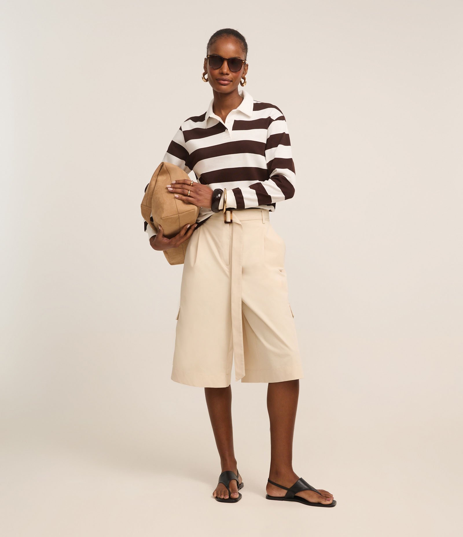 Blusa em Algodão com Gola Polo e Listras Horizontais Marrom/Off White 2