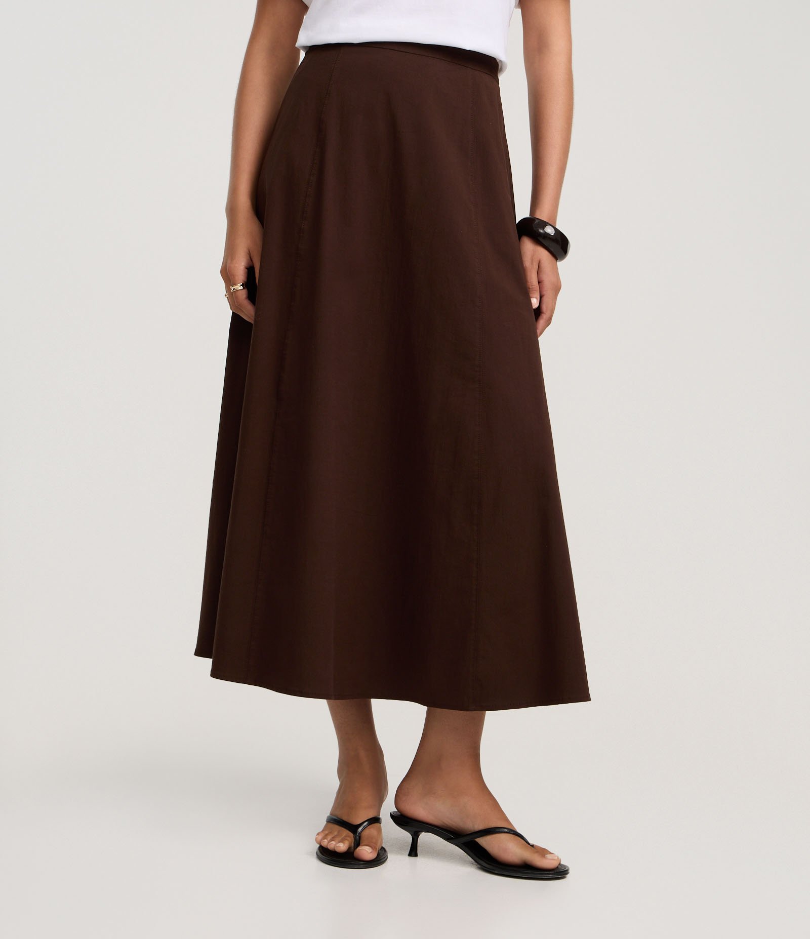 Saia Evasê Midi em Bengaline com Recortes Pespontados Marrom 3