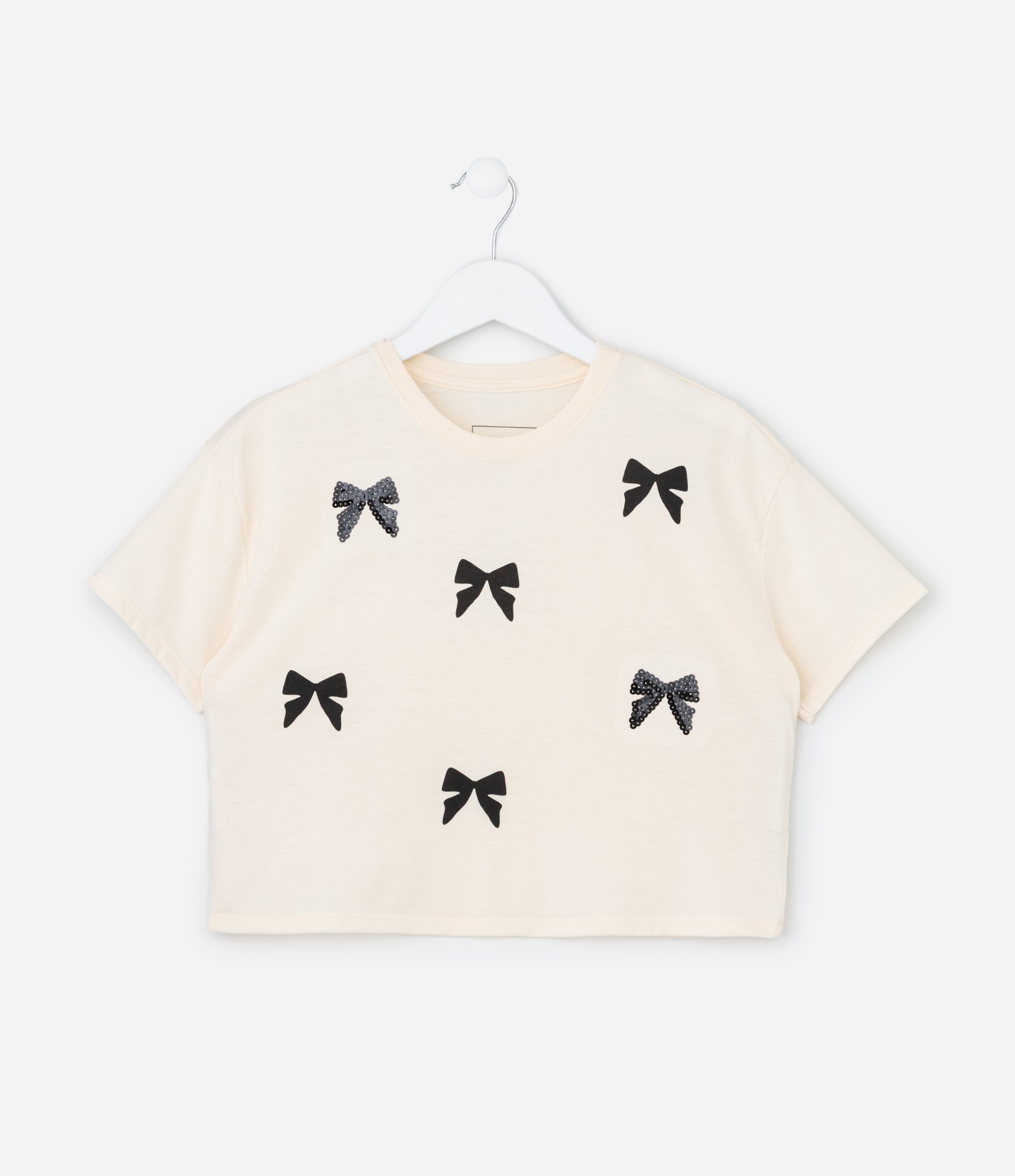 Camiseta Regular com Laços em Paetês - Tam 5 a 14 Anos Bege 2
