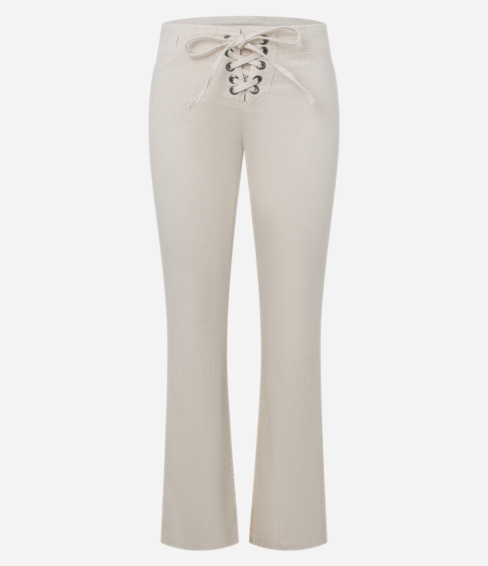 Calça Boot Cut Cintura Baixa em Sarja com Amarração Trançada no Cós Branco 1