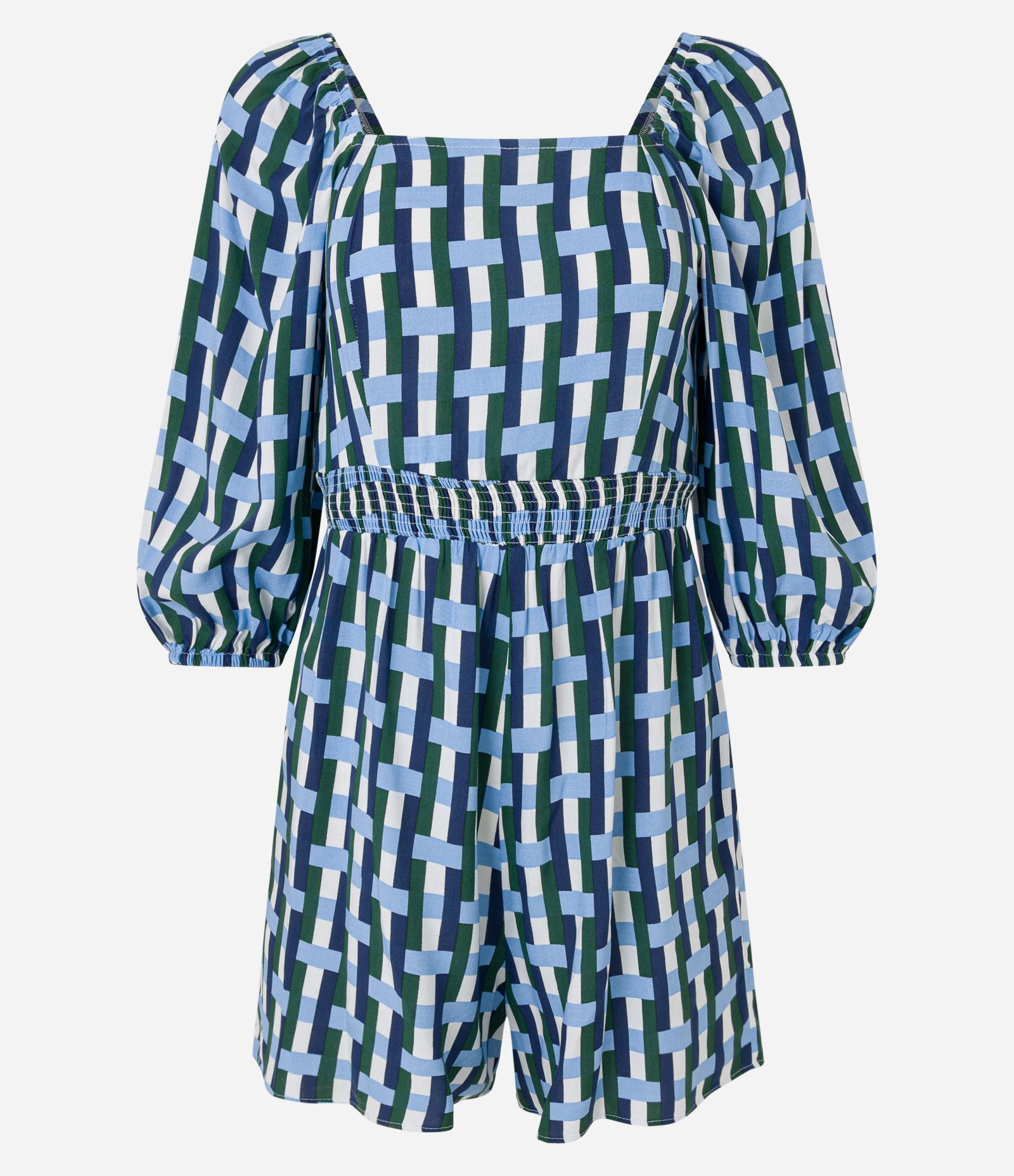 Macaquinho em Viscose Xadrez com Manga Bufante Azul/Verde/Branco 5
