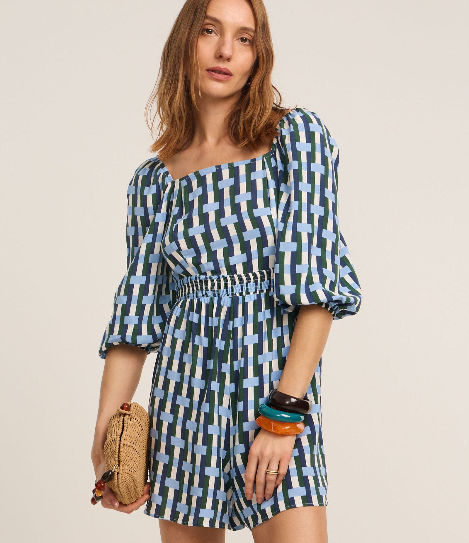 Macaquinho em Viscose Xadrez com Manga Bufante Azul/Verde/Branco 1