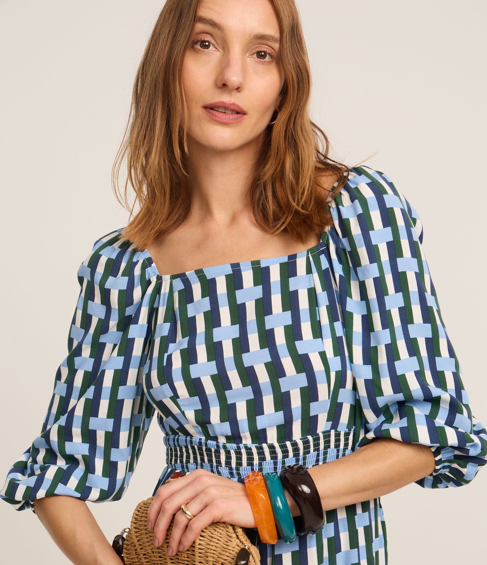 Macaquinho em Viscose Xadrez com Manga Bufante Azul/Verde/Branco 3