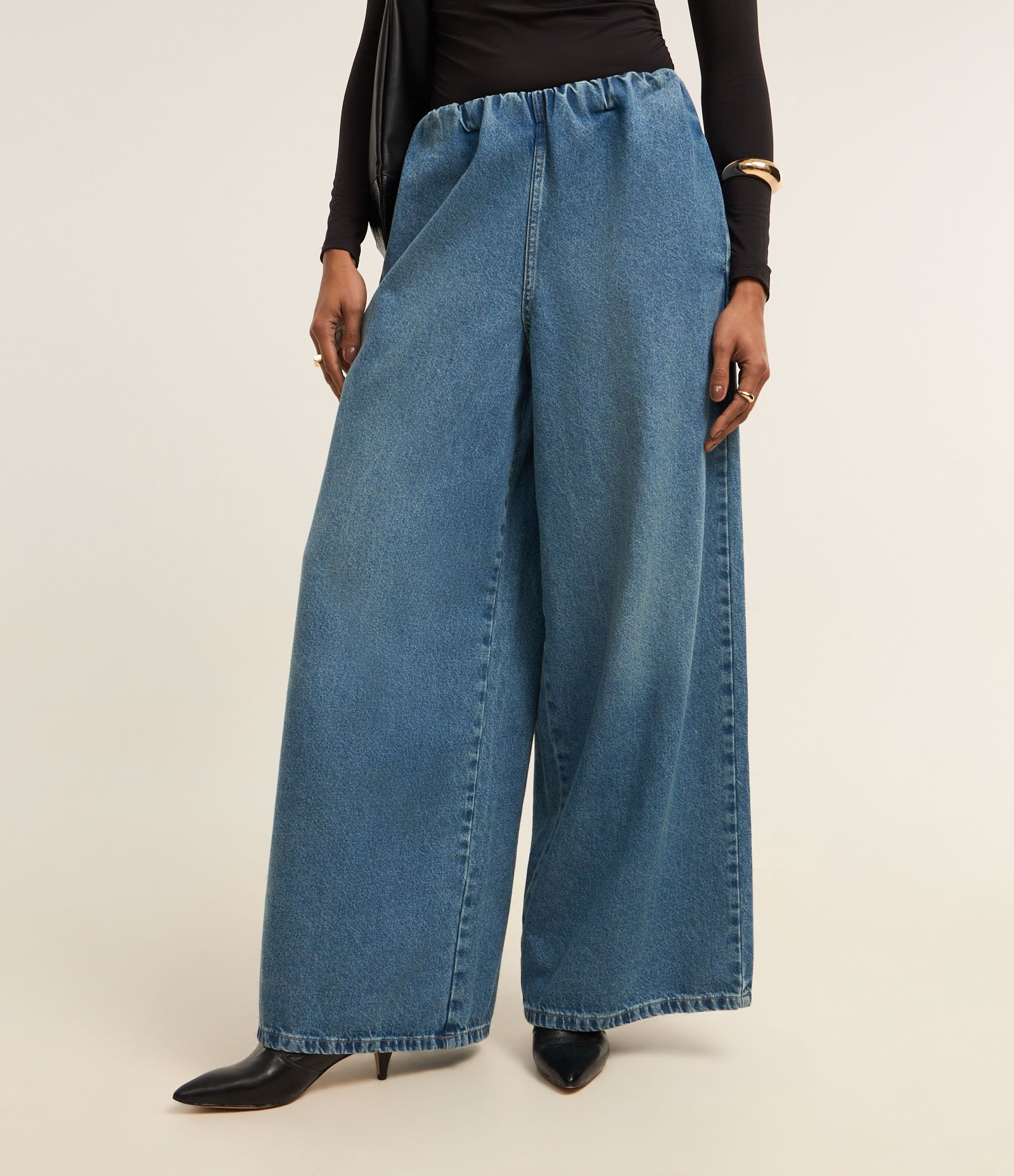 Calça Super Wide Leg em Jeans com Cós Drapeado e Elástico Interno Azul 1